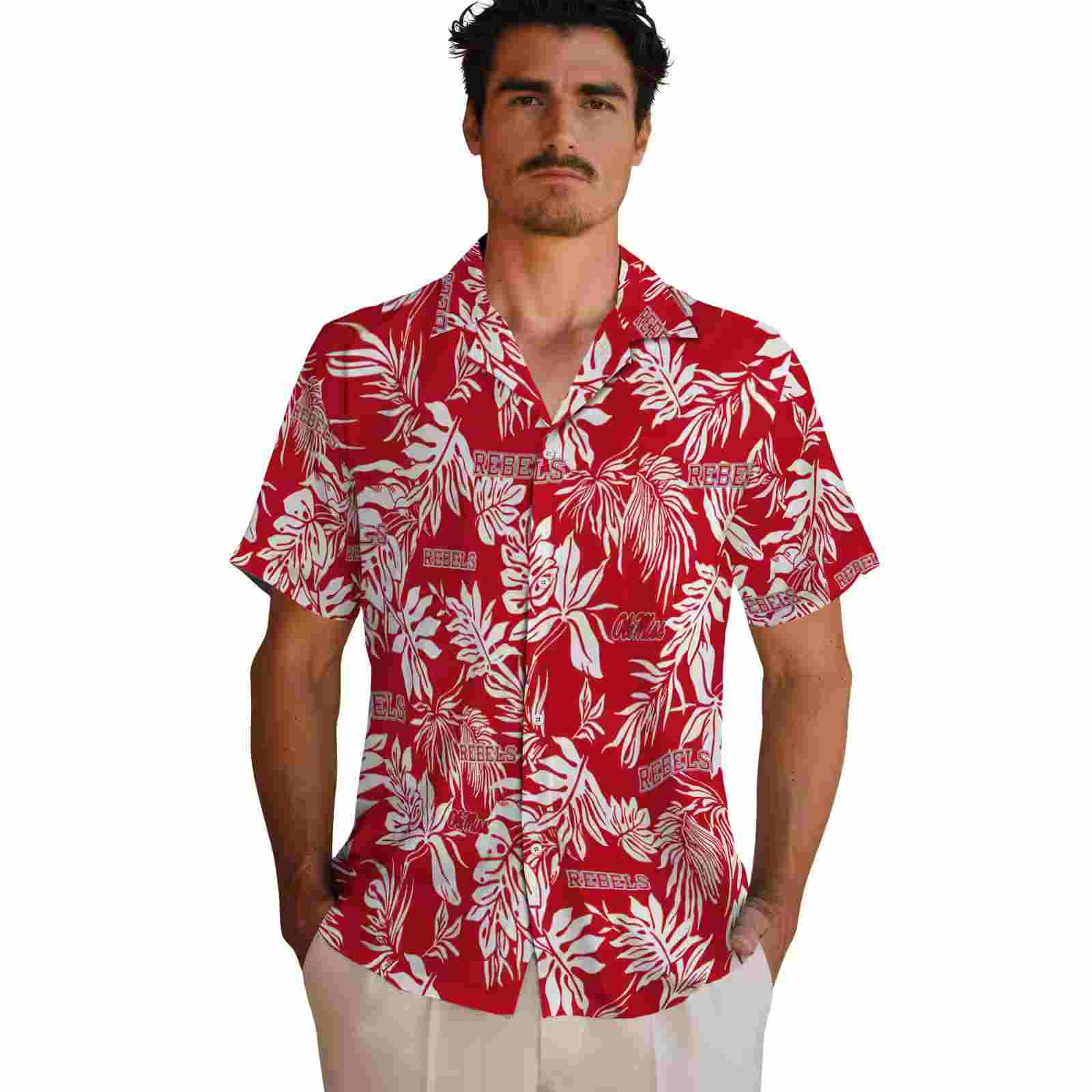 ole miss rebels tropical leaf red white hawaiian shirt fashion forward