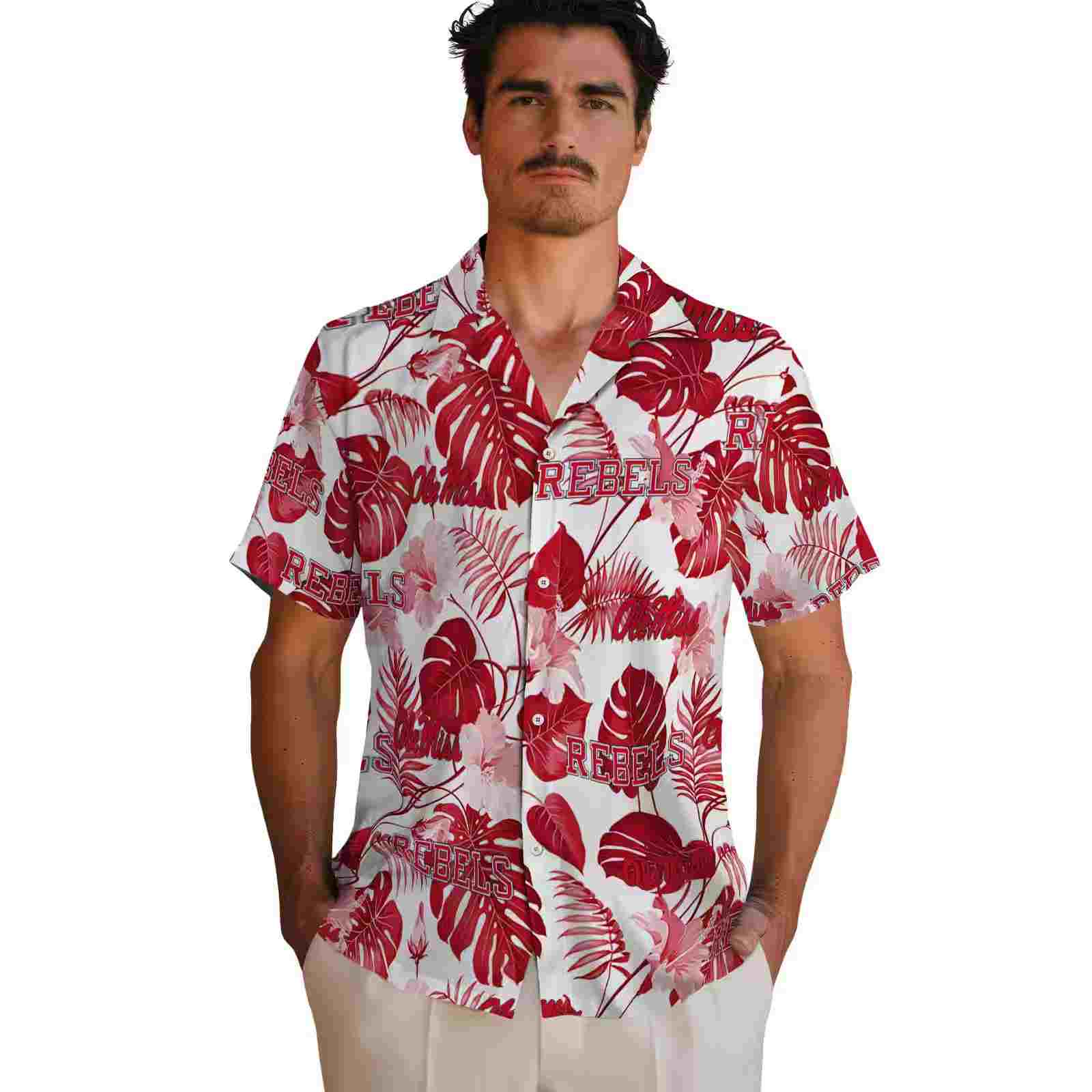 ole miss rebels tropical plants red white hawaiian shirt fashion forward