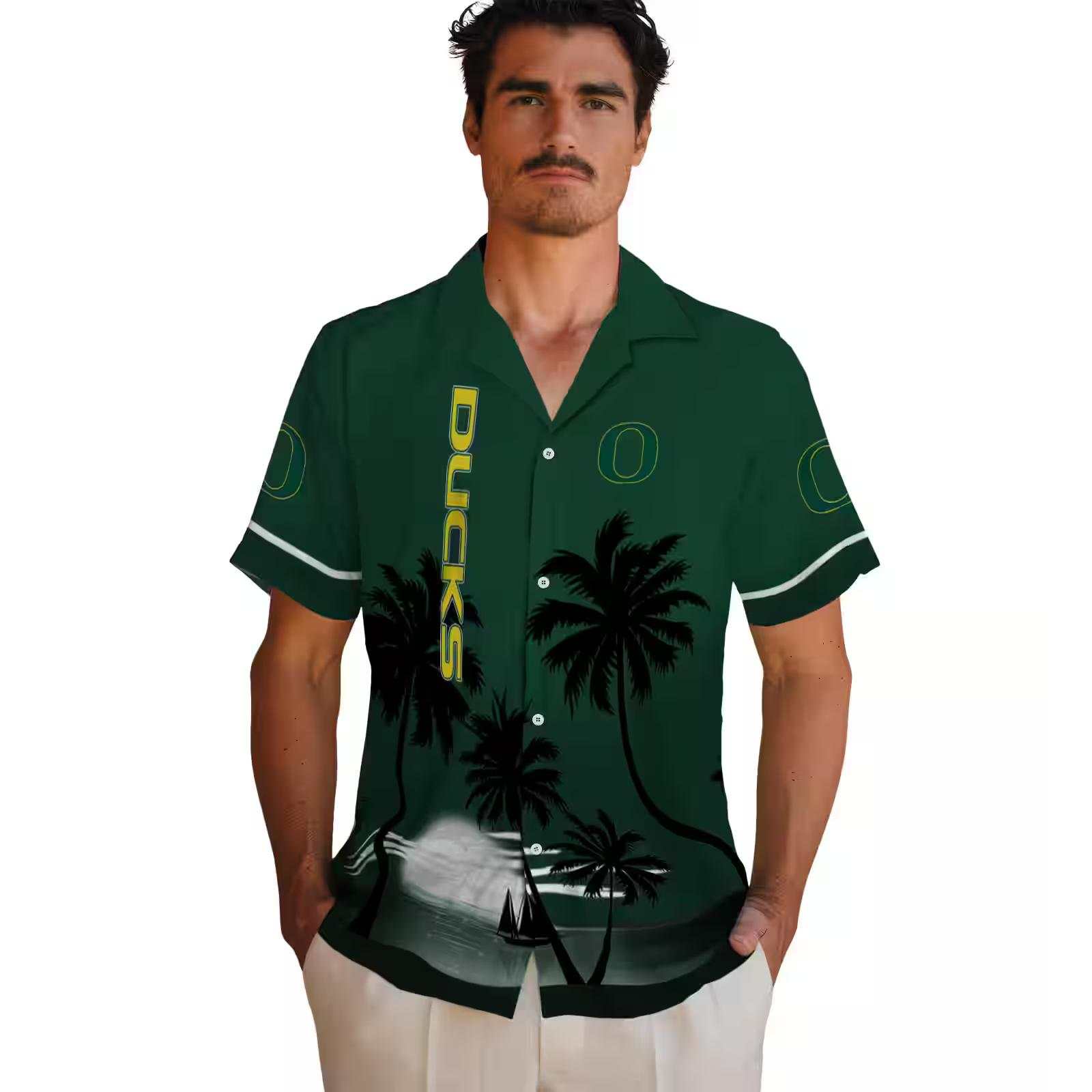 oregon ducks beach sunset green black hawaiian shirt fashion forward