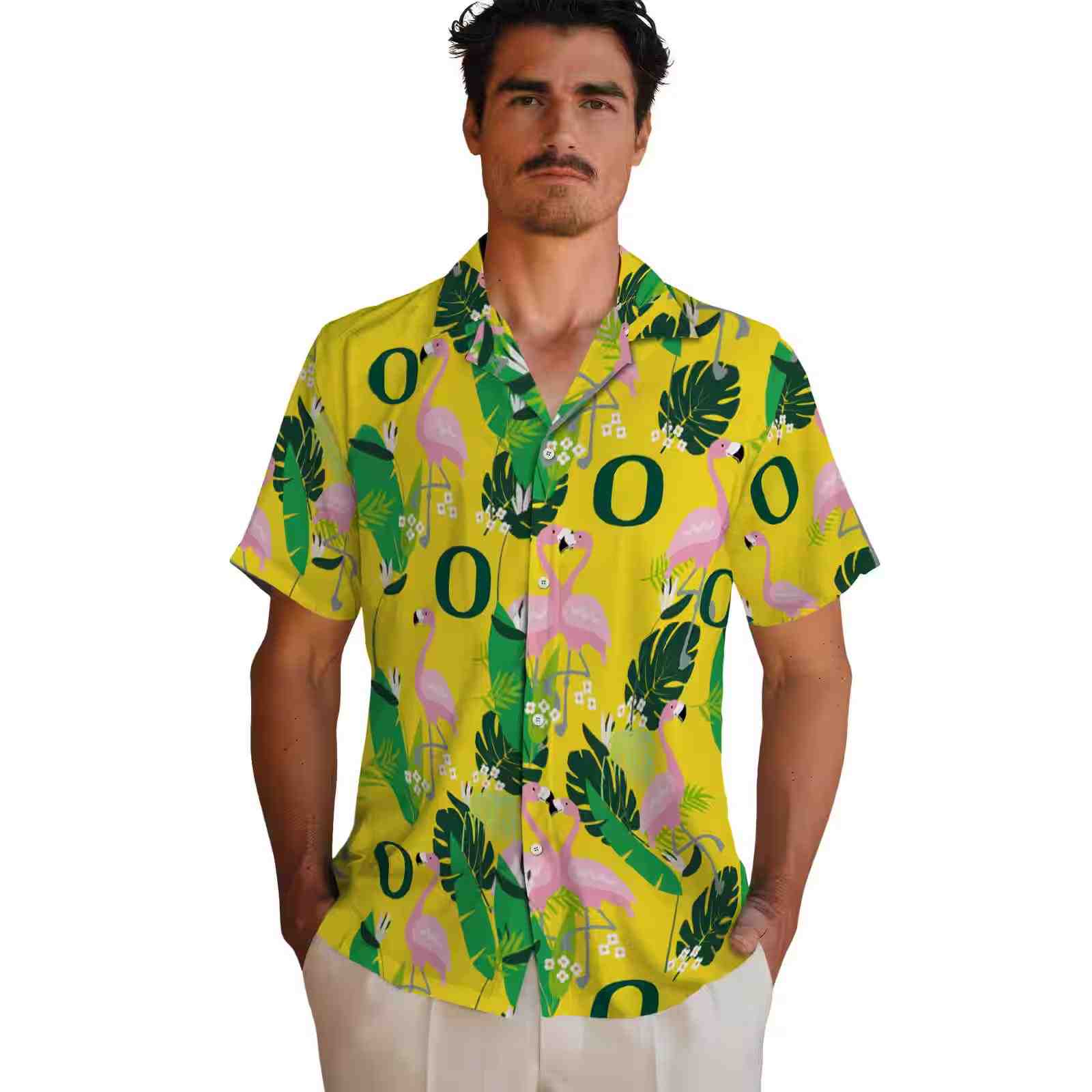 oregon ducks flamingo foliage green hawaiian shirt fashion forward