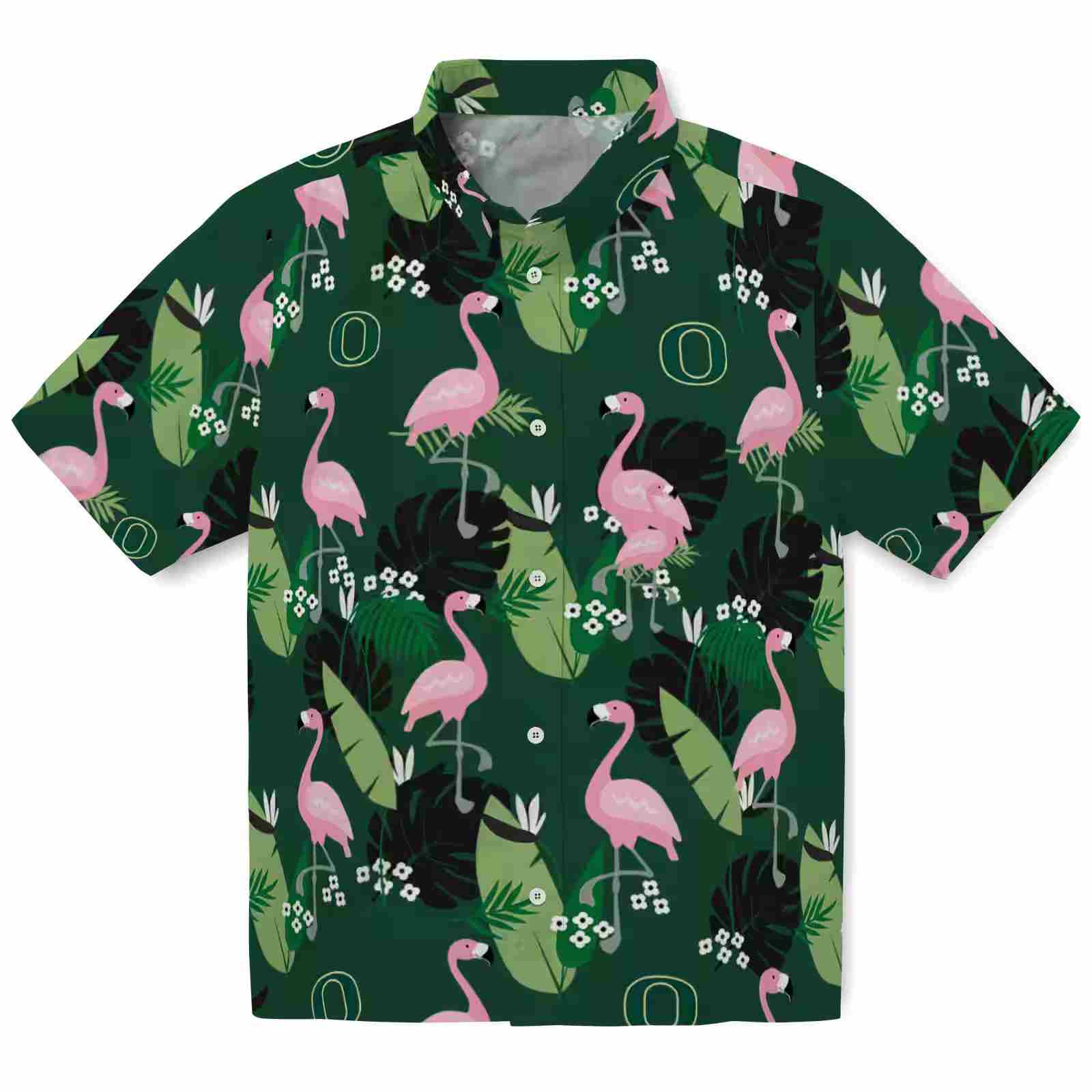 Oregon Ducks Flamingo Leaf Motif Green Hawaiian Shirt