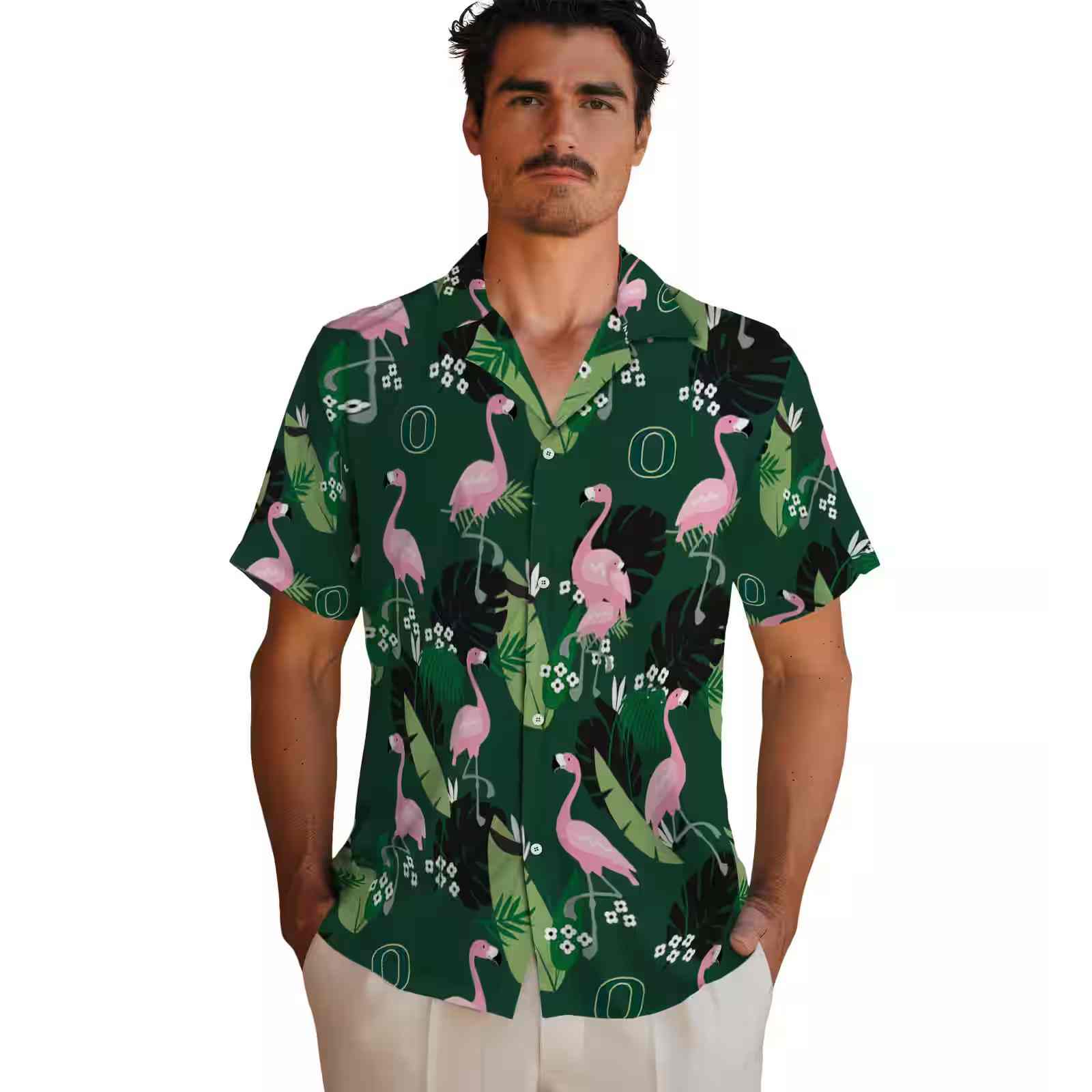 oregon ducks flamingo leaf motif green hawaiian shirt fashion forward