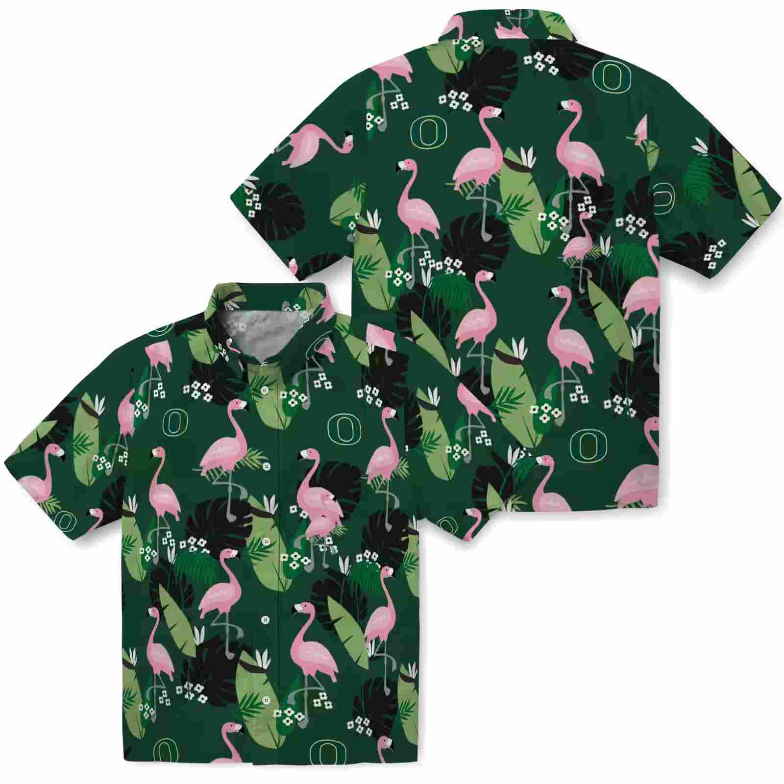 oregon ducks flamingo leaf motif green hawaiian shirt high quality