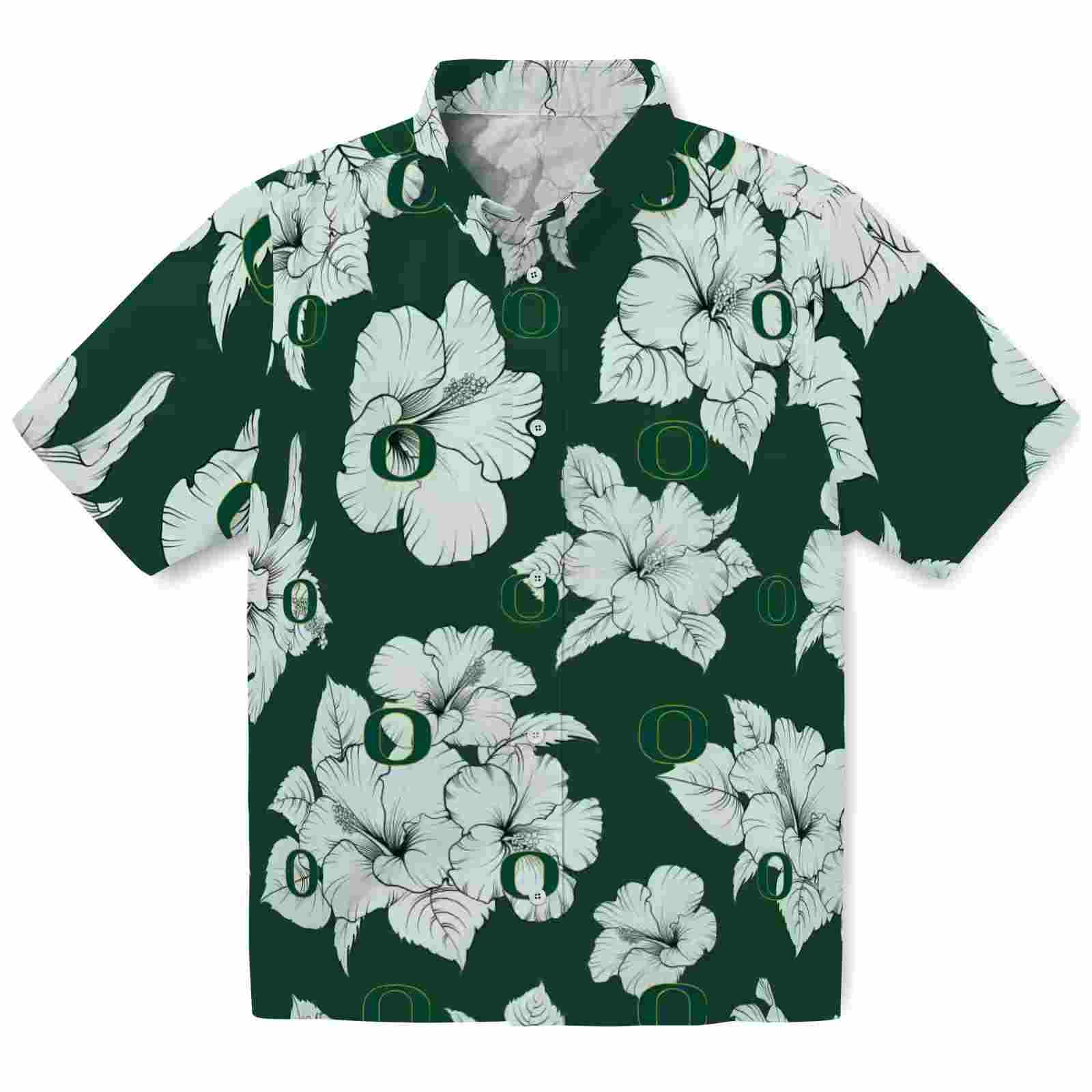 Oregon Ducks Hibiscus Blooms Green White Hawaiian Shirt