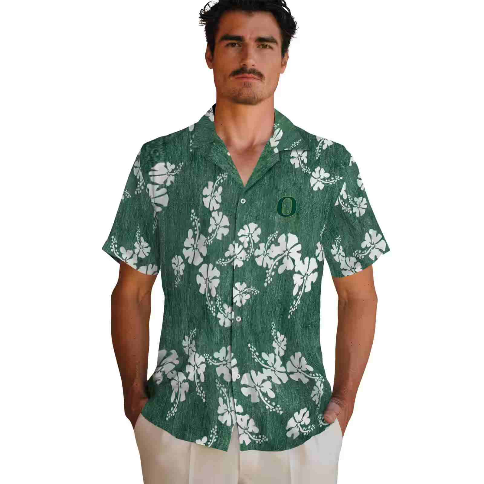 oregon ducks hibiscus clusters green hawaiian shirt fashion forward