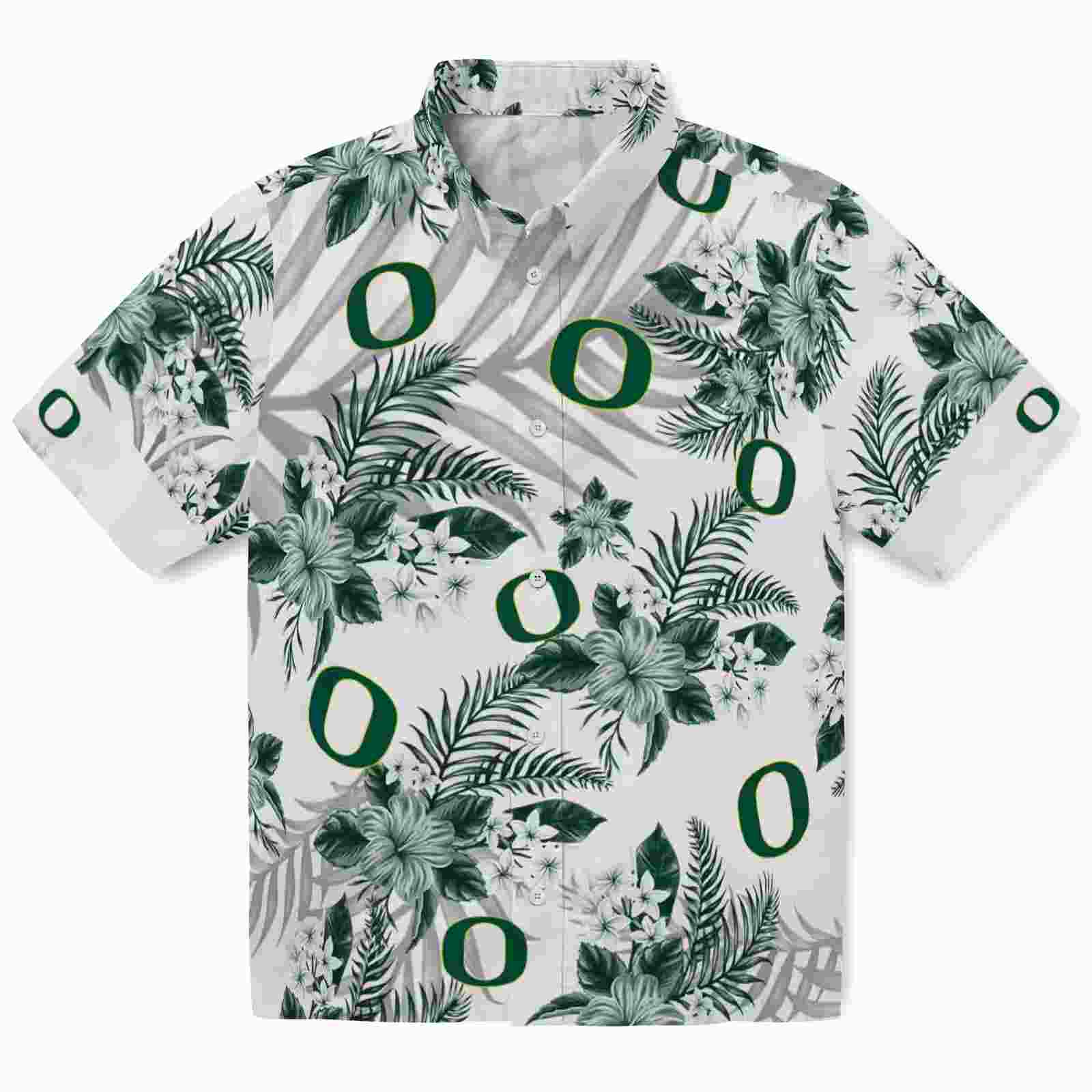 Oregon Ducks Hibiscus Palm Leaves Green White Hawaiian Shirt