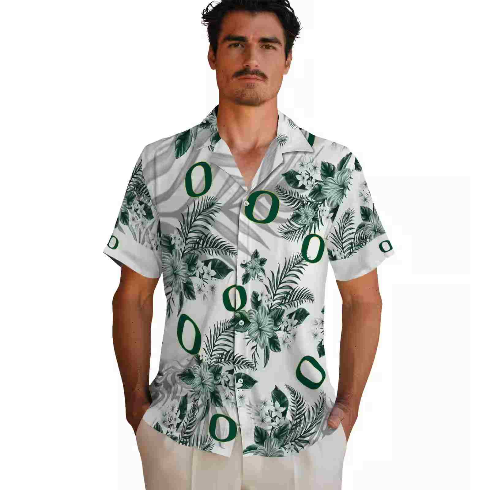 oregon ducks hibiscus palm leaves green white hawaiian shirt fashion forward