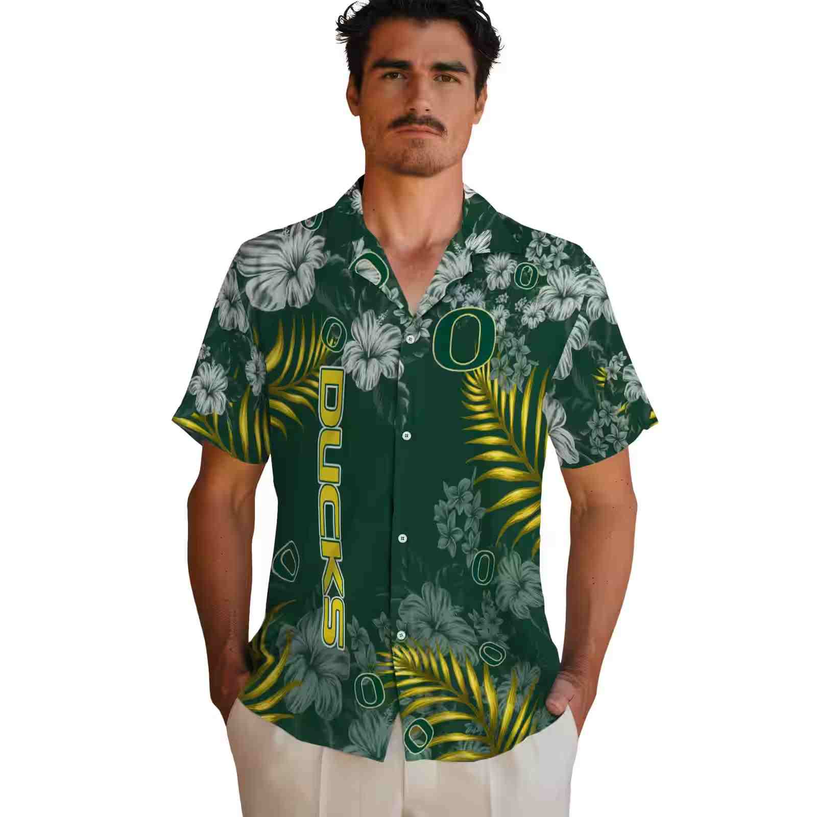 oregon ducks hibiscus print green hawaiian shirt fashion forward