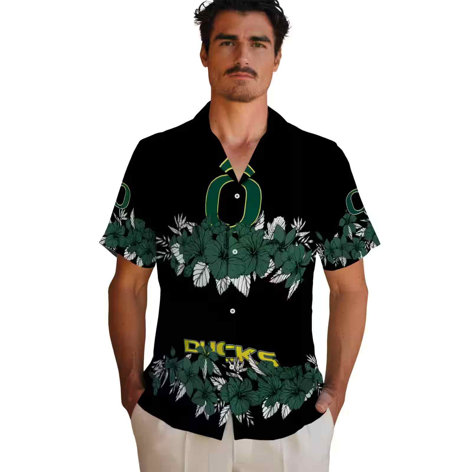 oregon ducks hibiscus stripe green black hawaiian shirt fashion forward