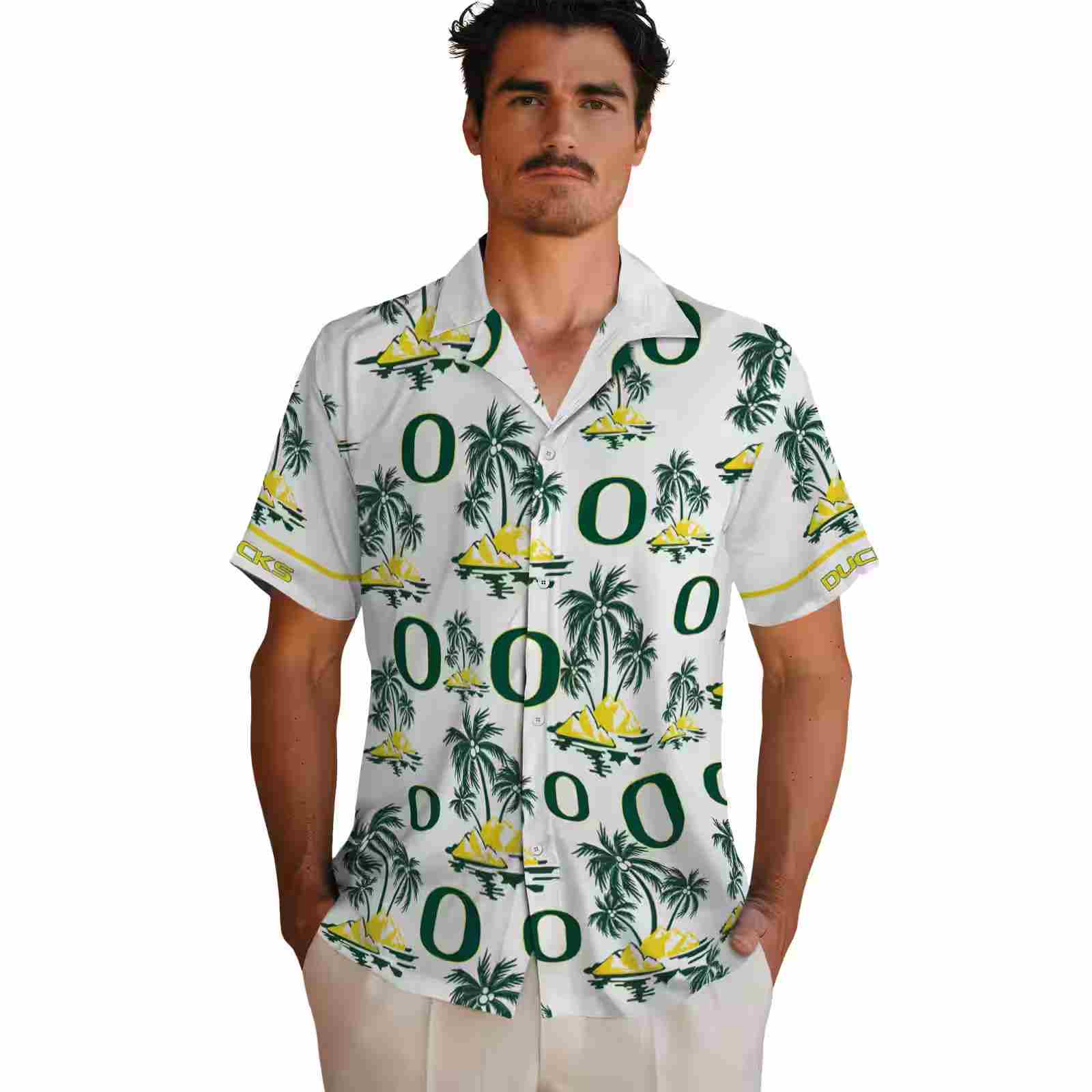 oregon ducks palm island print green white hawaiian shirt fashion forward