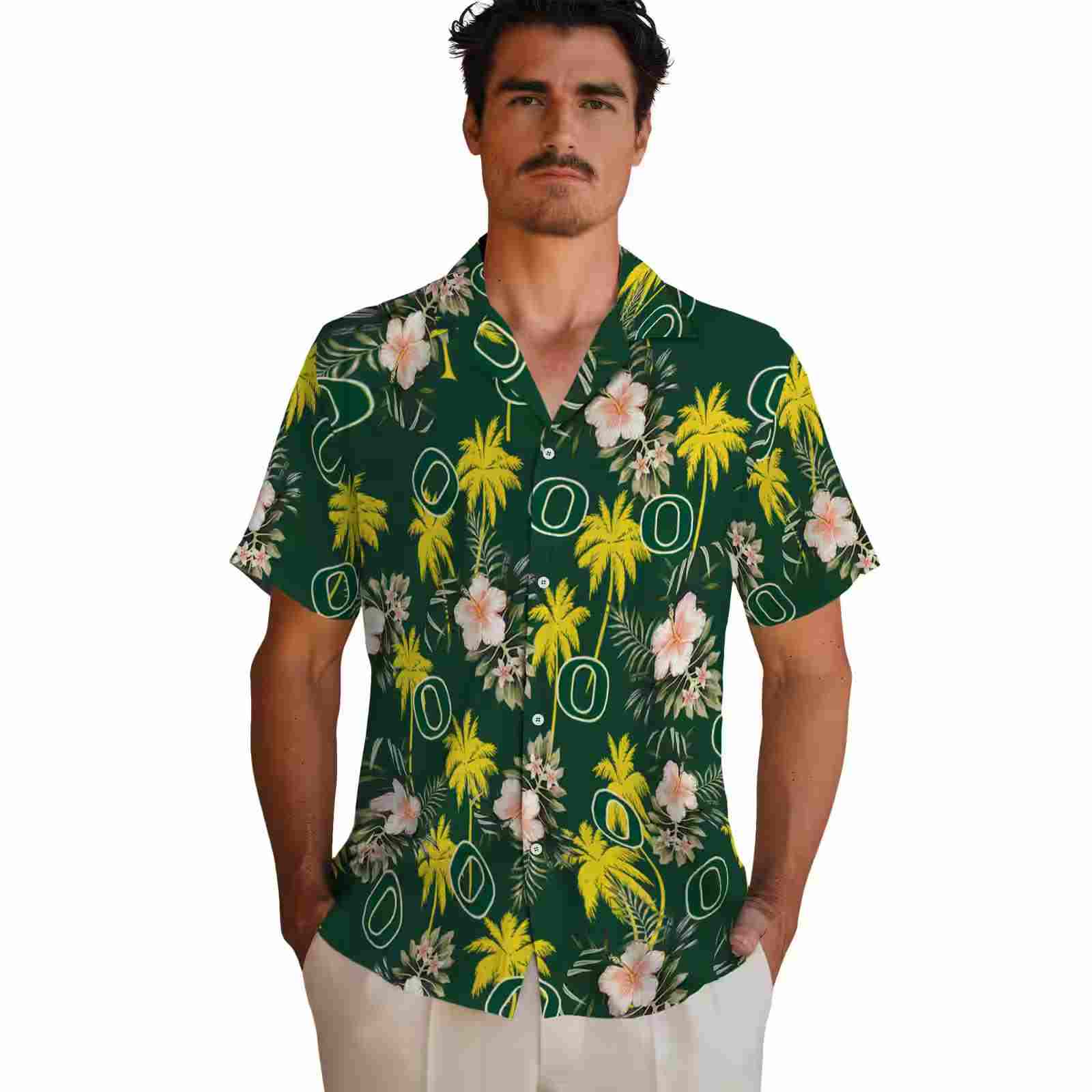 oregon ducks palm tree flower green hawaiian shirt fashion forward