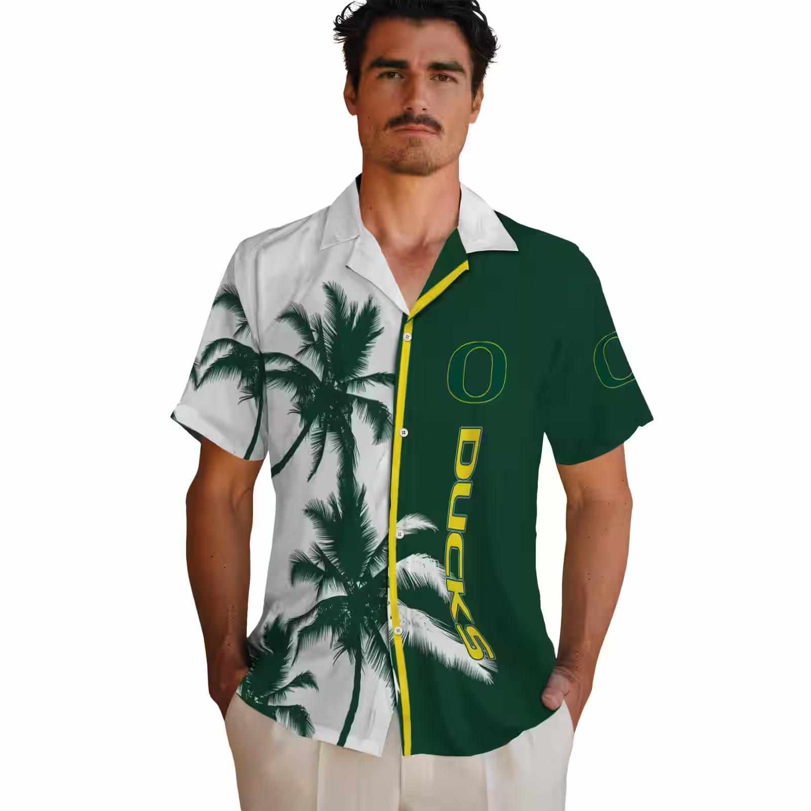 oregon ducks palm trees green white hawaiian shirt fashion forward