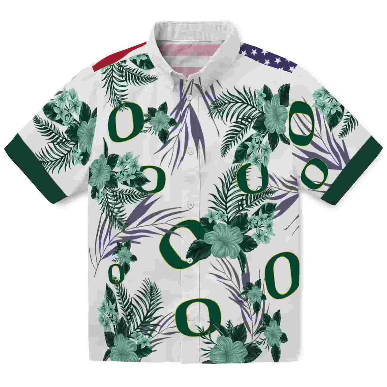 Oregon Ducks Patriotic Hibiscus Design Green White Hawaiian Shirt