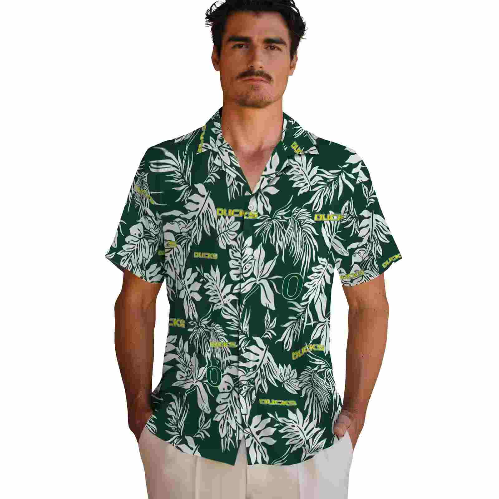 oregon ducks tropical leaf green white hawaiian shirt fashion forward