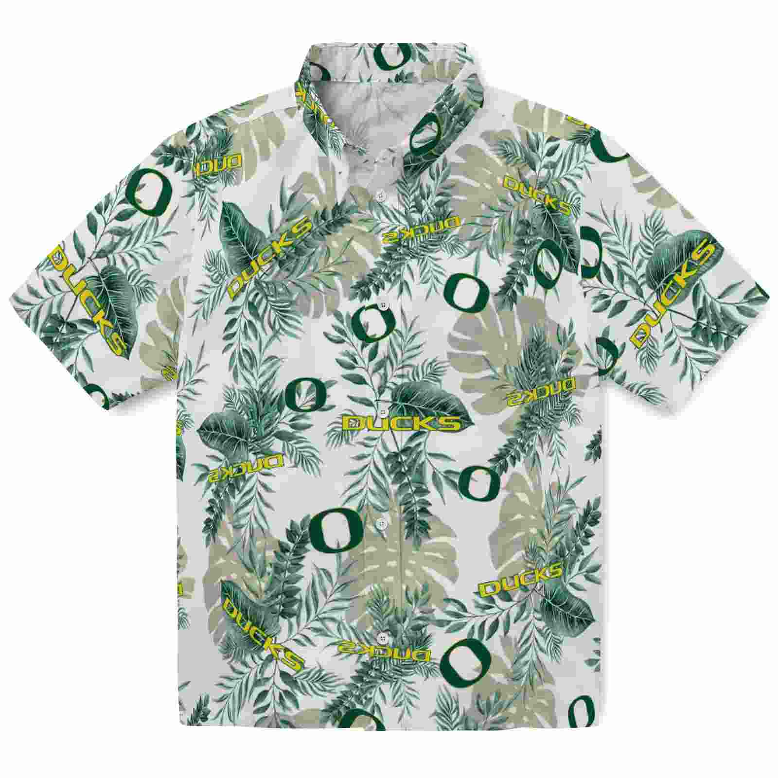 Oregon Ducks Tropical Leaves Green White Hawaiian Shirt