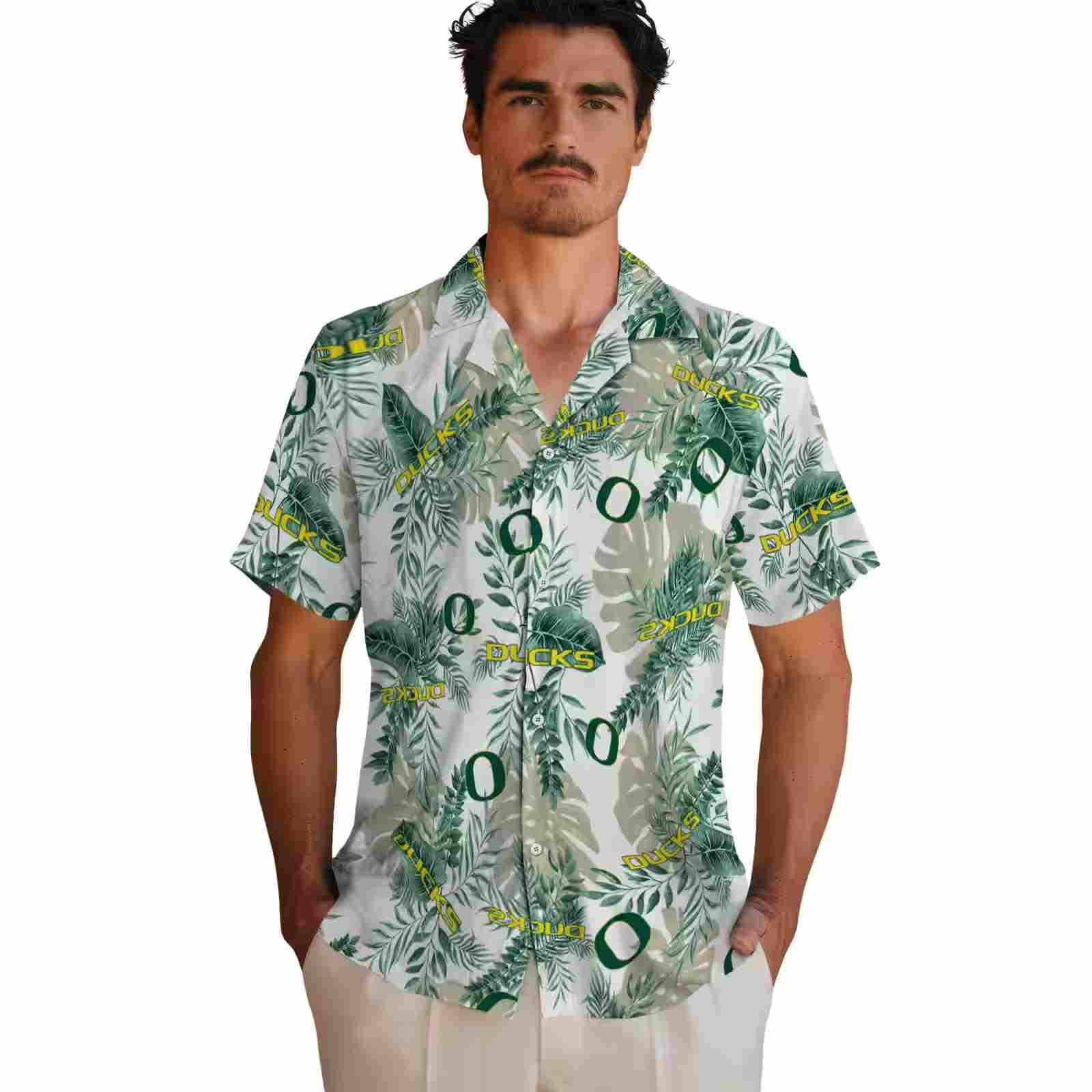 oregon ducks tropical leaves green white hawaiian shirt fashion forward