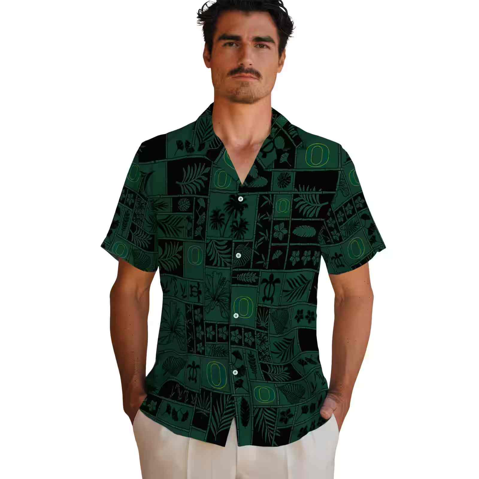 oregon ducks tropical patchwork green black hawaiian shirt fashion forward