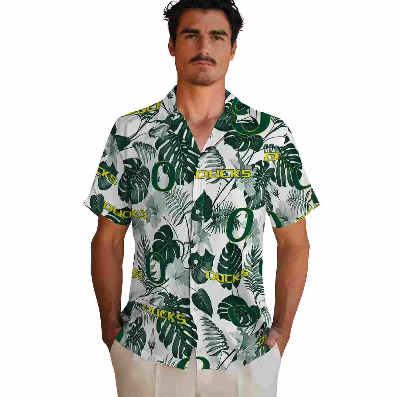 oregon ducks tropical plants green white hawaiian shirt fashion forward