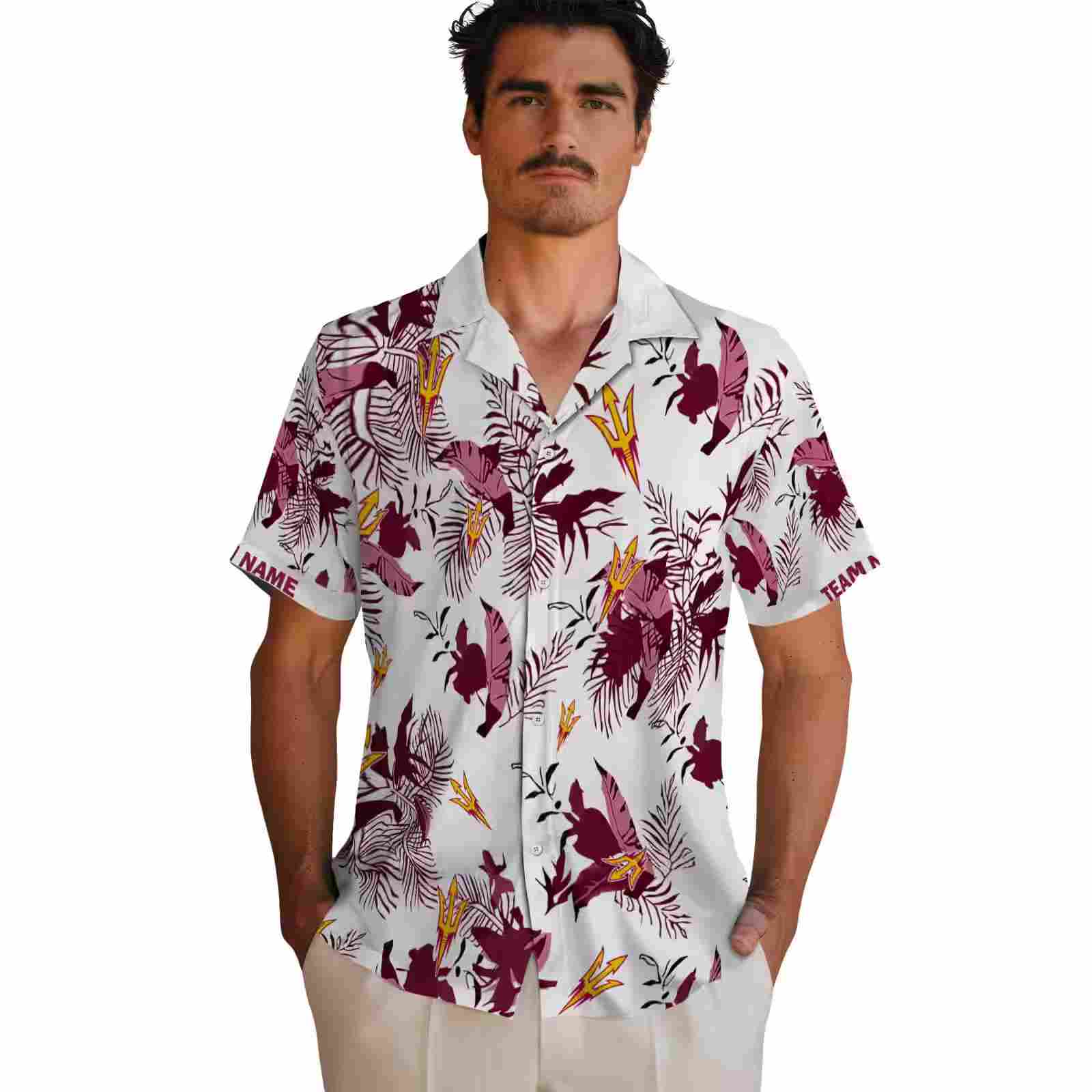 personalized arizona state sun devils botanical theme maroon white hawaiian shirt fashion forward