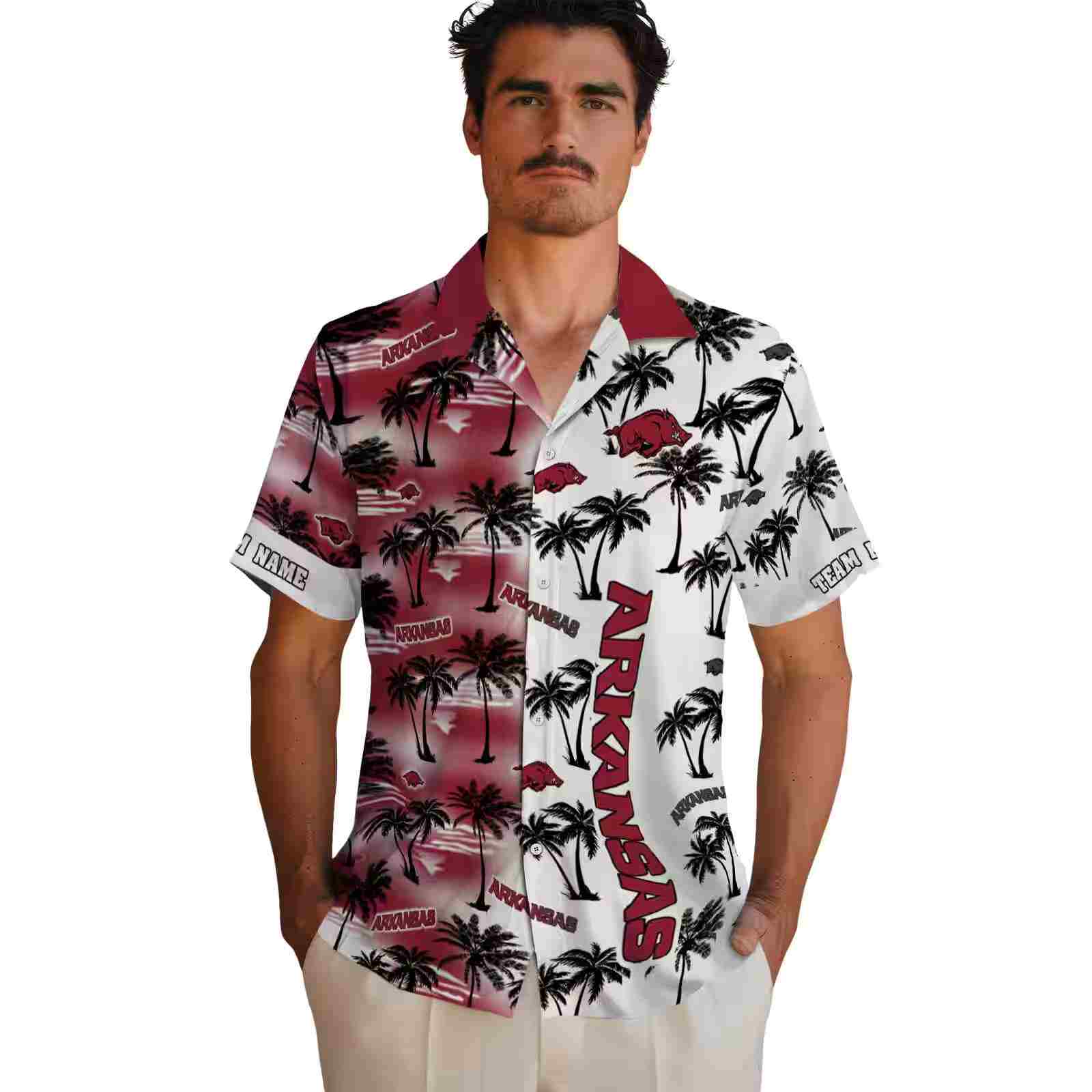 personalized arkansas razorbacks palm silhouettes red hawaiian shirt fashion forward