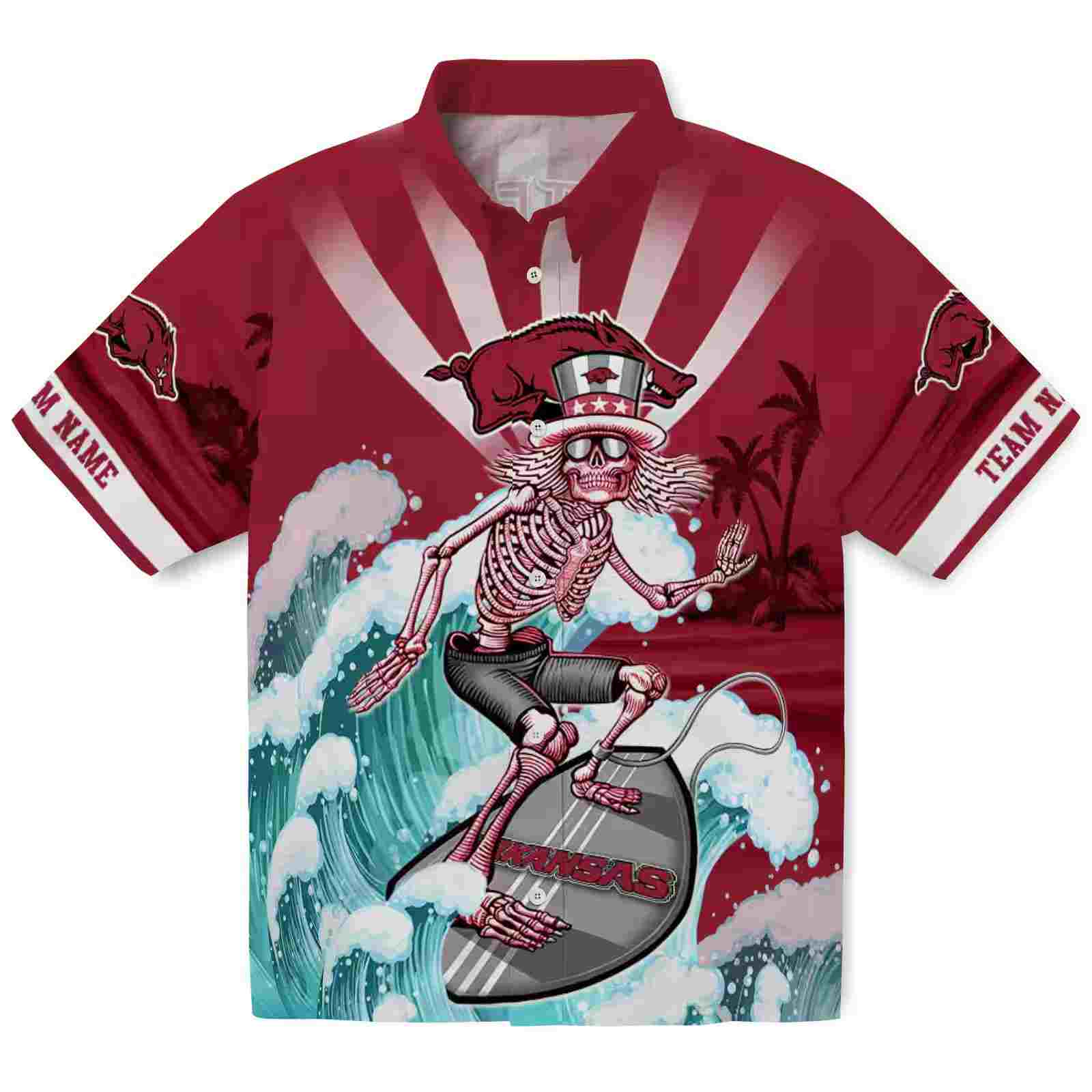 Personalized Arkansas Razorbacks Surfing Skeleton Red Blue Hawaiian Shirt