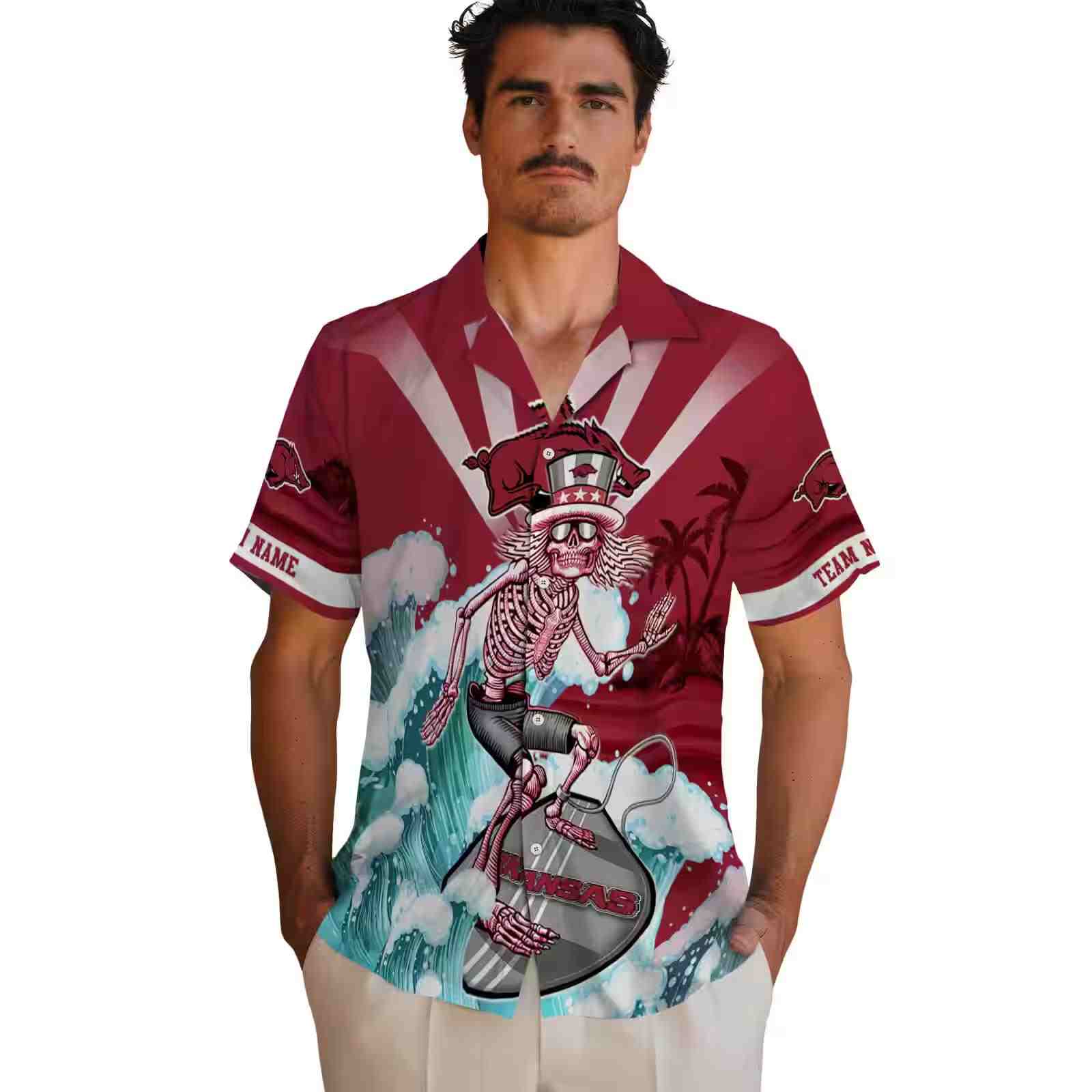 personalized arkansas razorbacks surfing skeleton red blue hawaiian shirt fashion forward