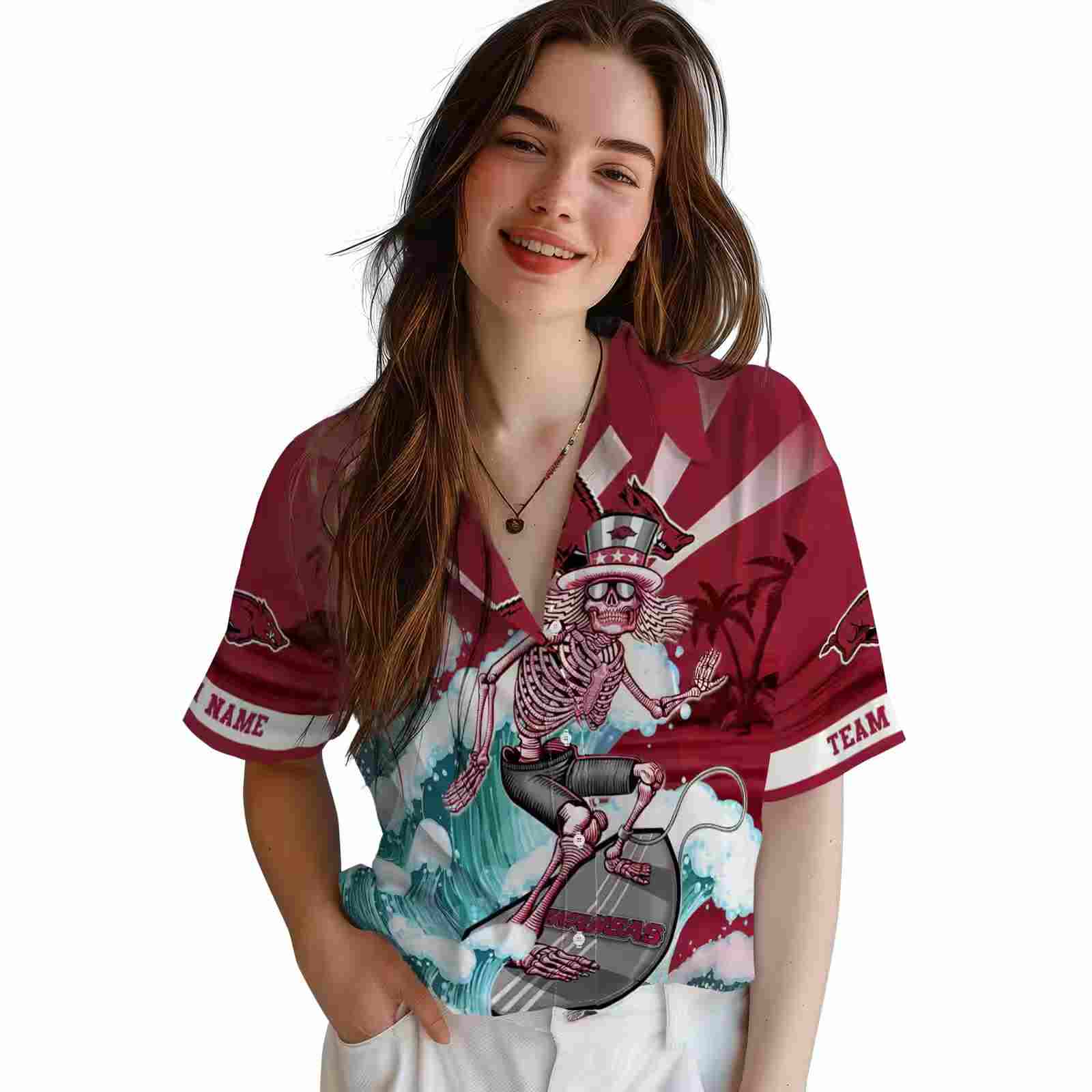 personalized arkansas razorbacks surfing skeleton red blue hawaiian shirt latest model