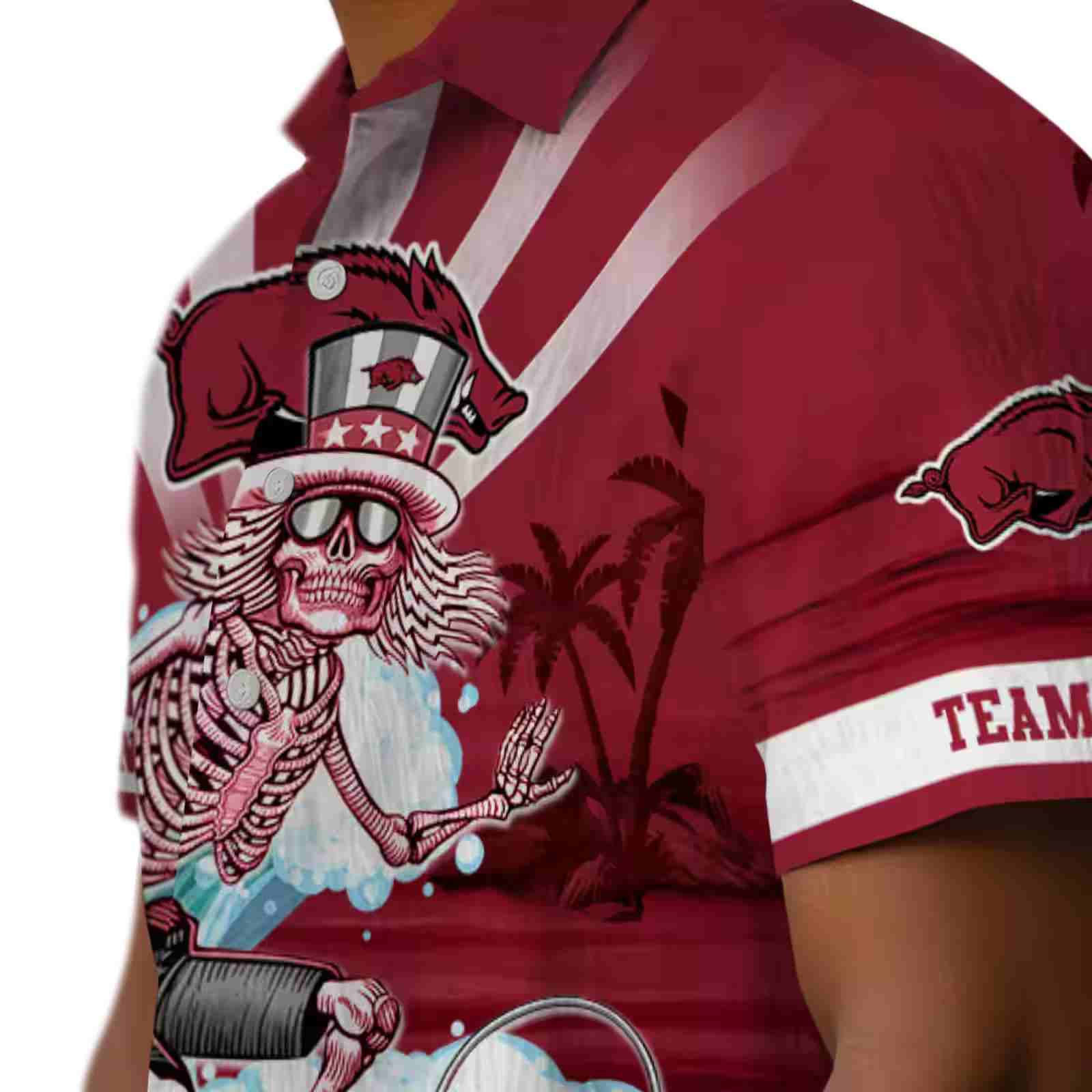 personalized arkansas razorbacks surfing skeleton red blue hawaiian shirt trendy