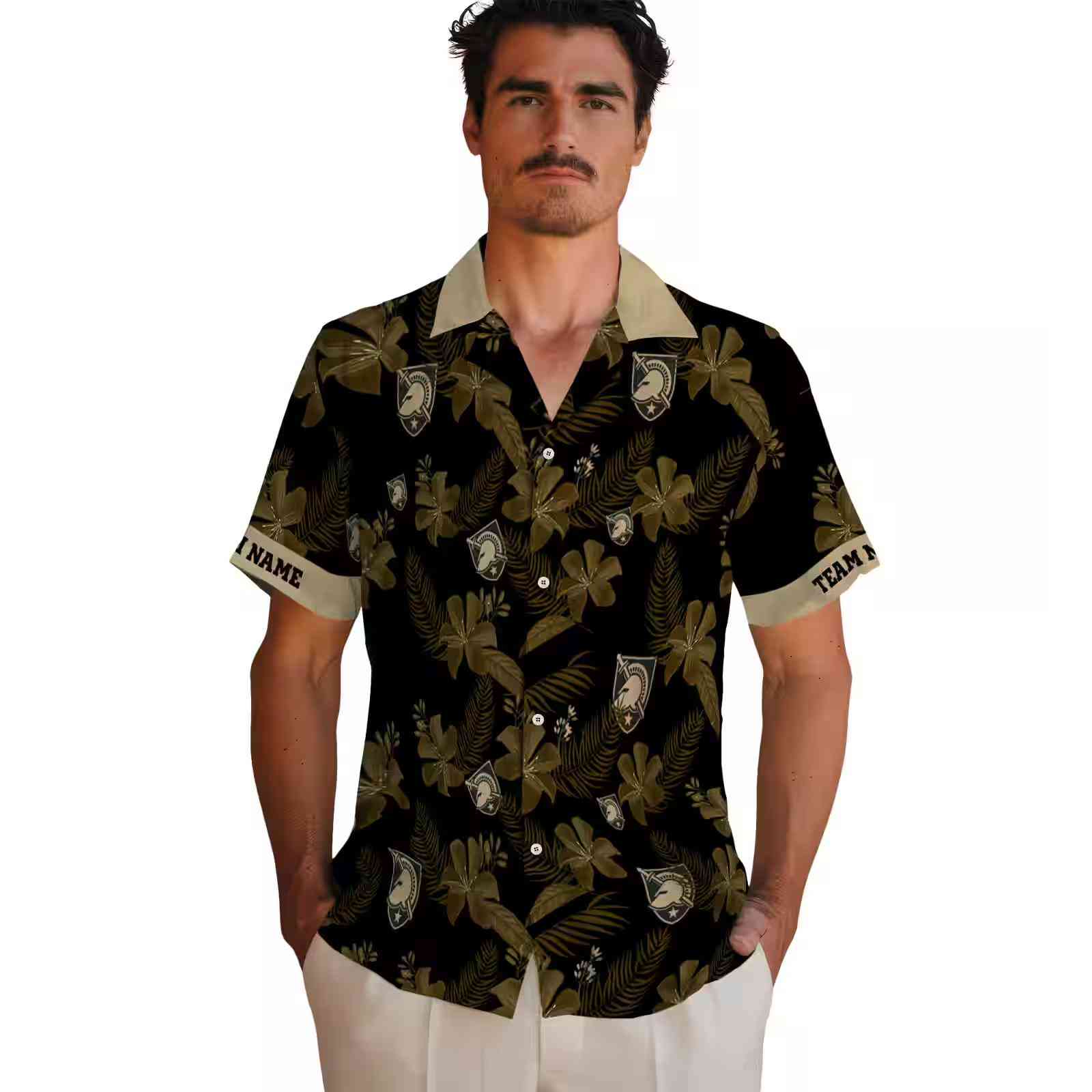 personalized army black knights botanical print black hawaiian shirt fashion forward