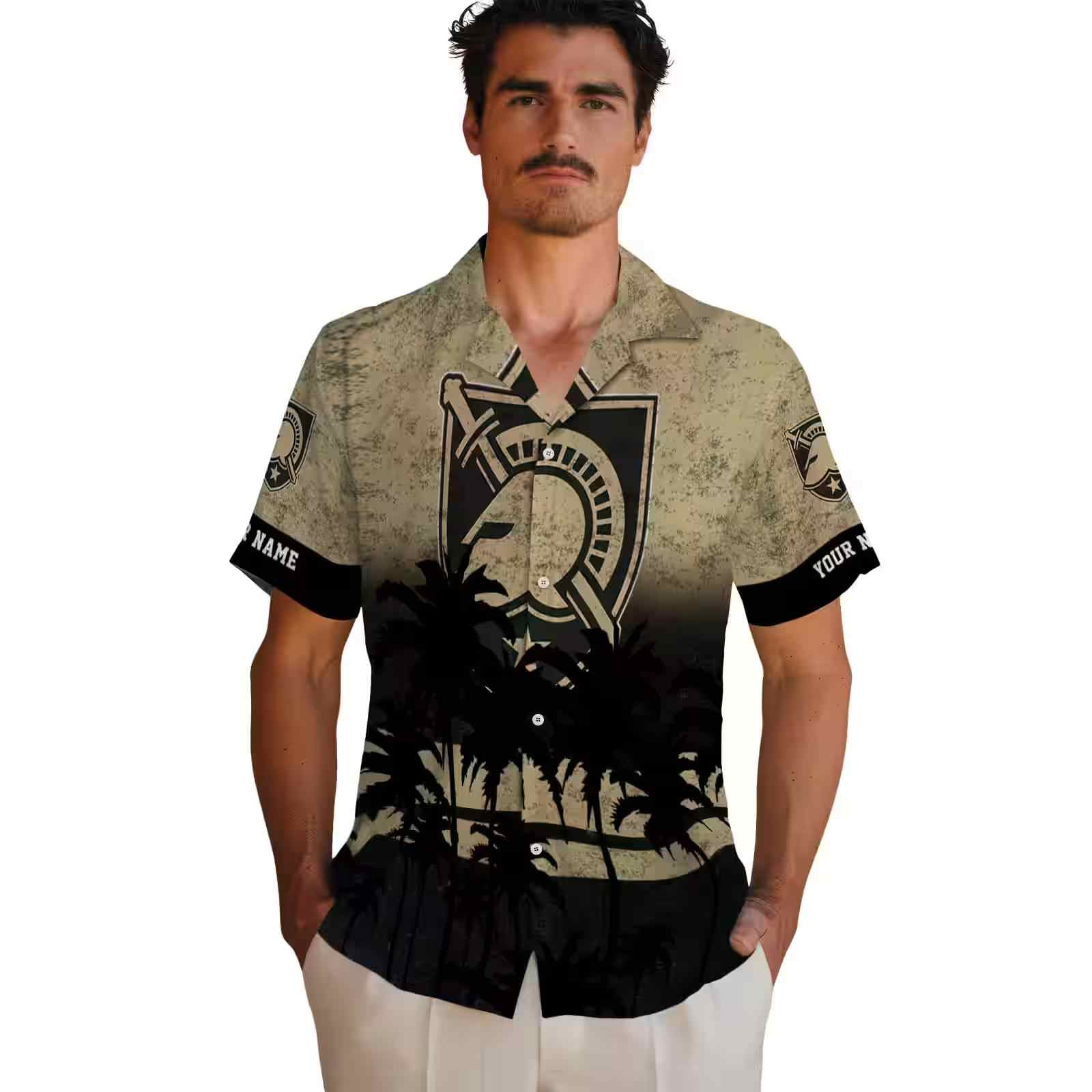 personalized army black knights sunset pattern gold black hawaiian shirt fashion forward