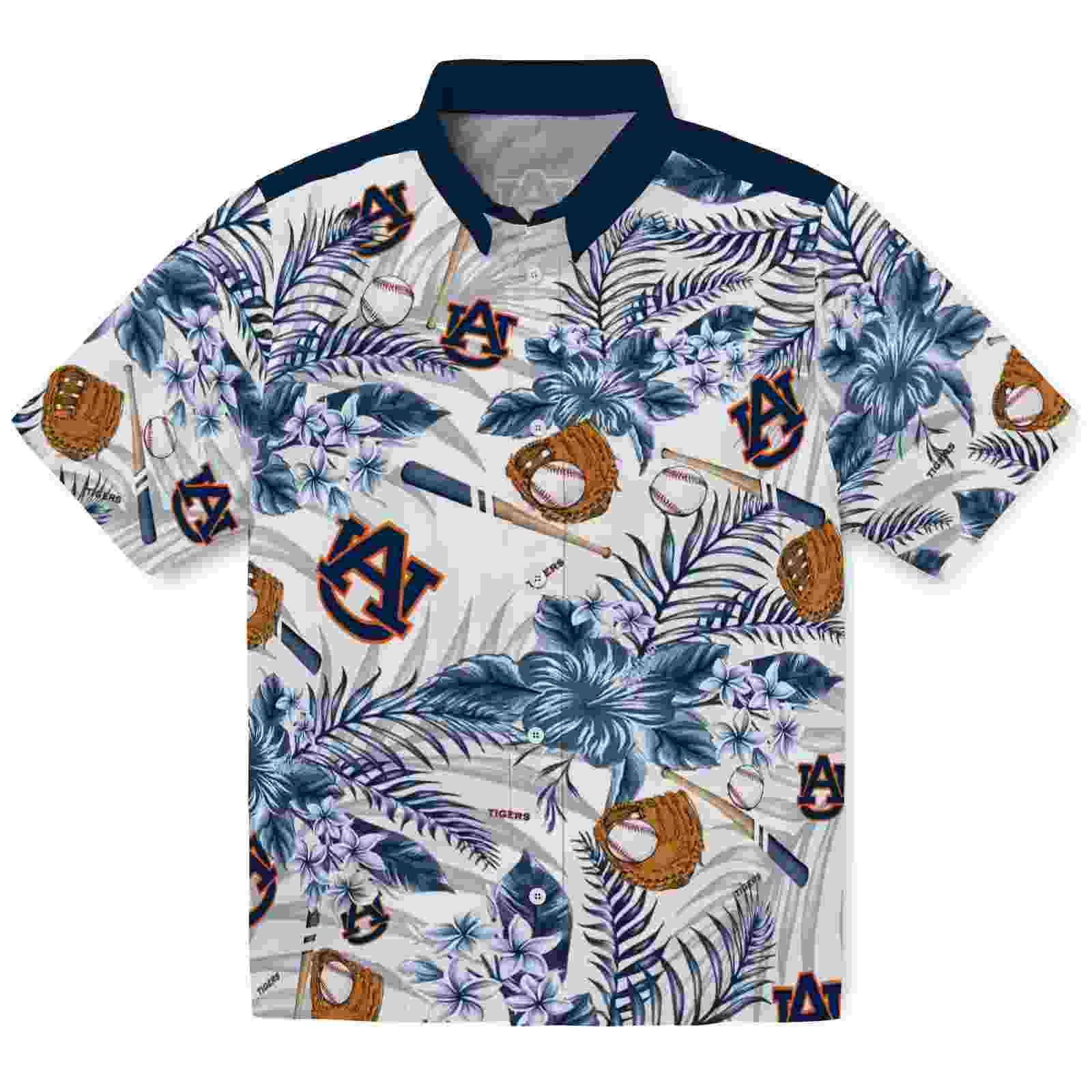 Personalized Auburn Tigers Floral Baseball Navy Blue White Hawaiian Shirt