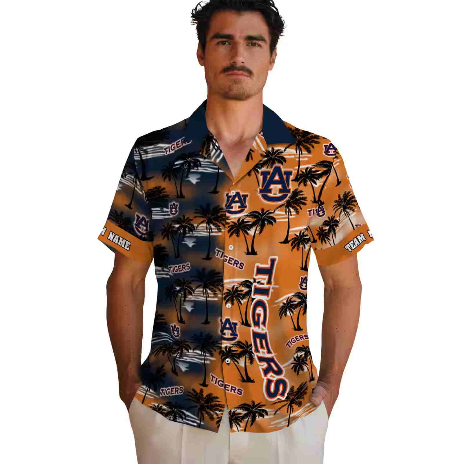 personalized auburn tigers palm silhouettes navy blue hawaiian shirt fashion forward