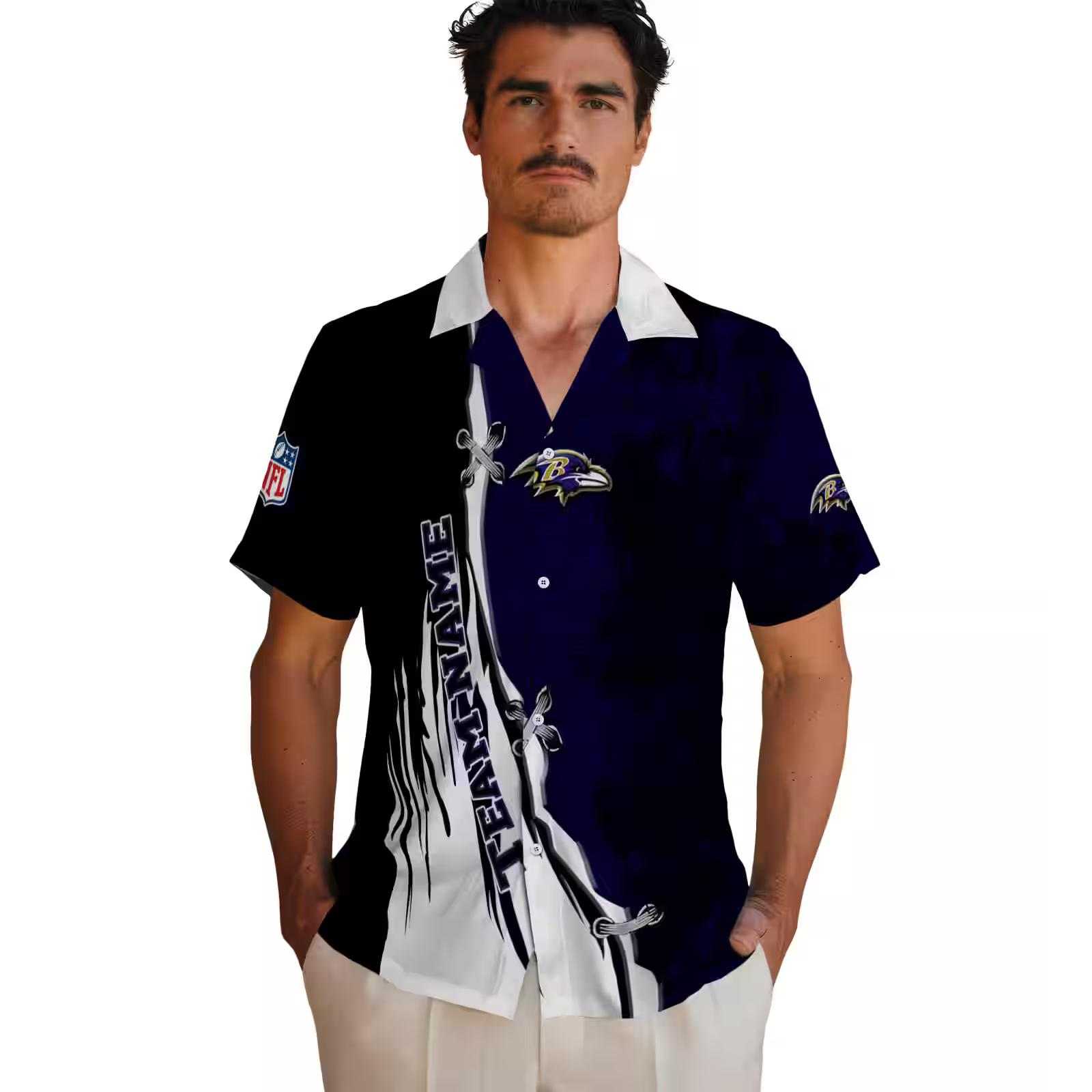 personalized baltimore ravens edgy streaks purple white hawaiian shirt fashion forward