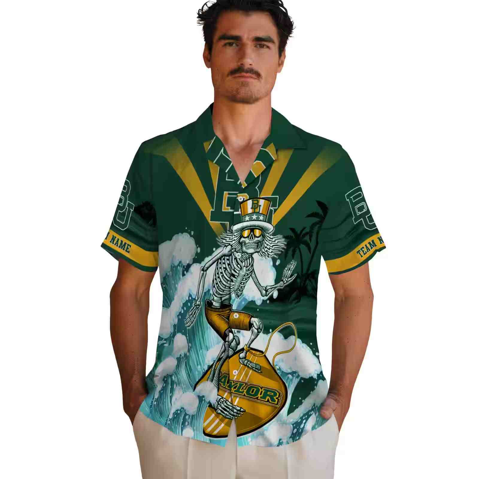 personalized baylor bears surfing skeleton green blue hawaiian shirt fashion forward