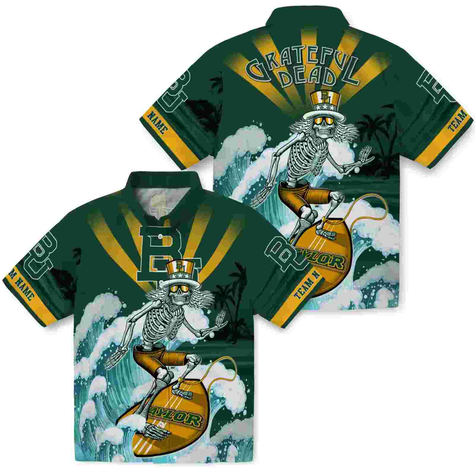 personalized baylor bears surfing skeleton green blue hawaiian shirt high quality