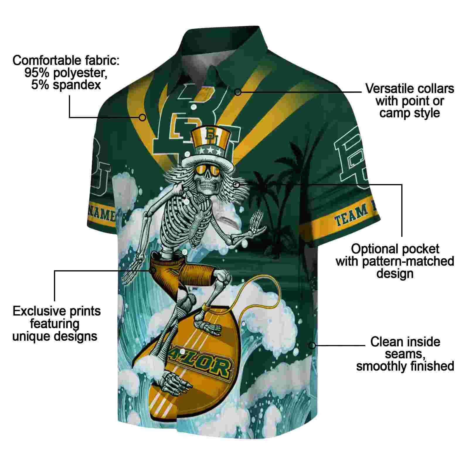 personalized baylor bears surfing skeleton green blue hawaiian shirt new arrival