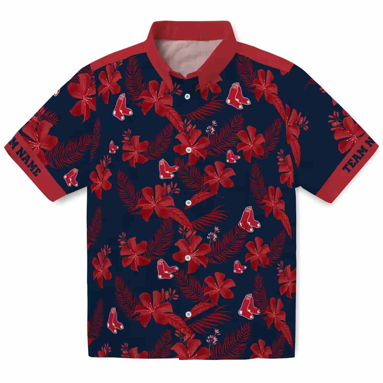 Personalized Boston Red Sox Botanical Print Navy Hawaiian Shirt