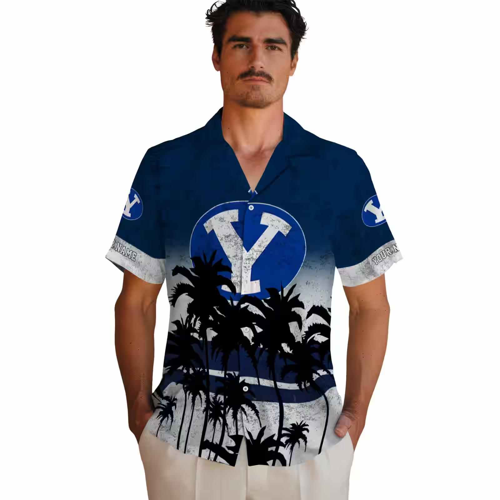 personalized byu cougars sunset pattern blue black hawaiian shirt fashion forward