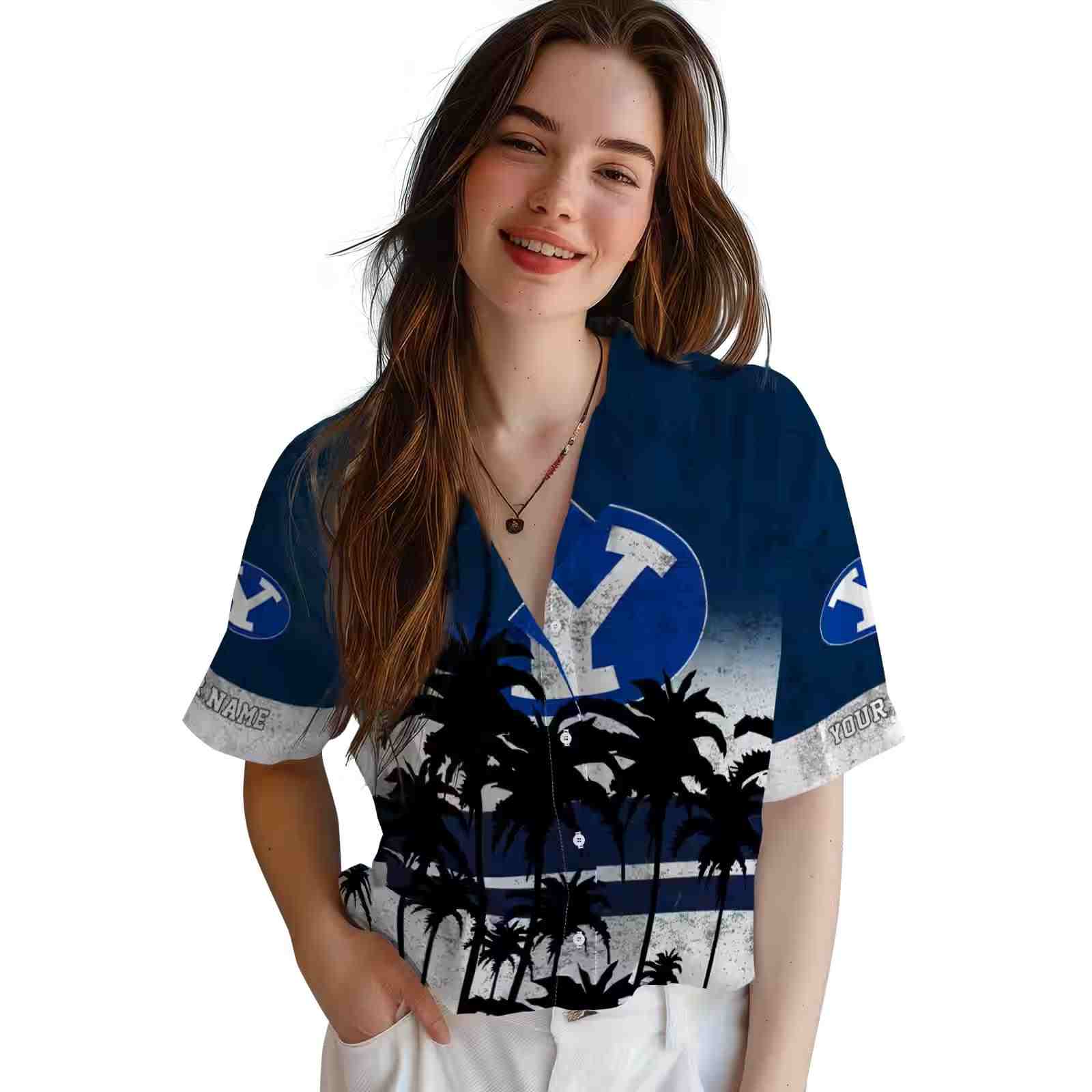 personalized byu cougars sunset pattern blue black hawaiian shirt latest model