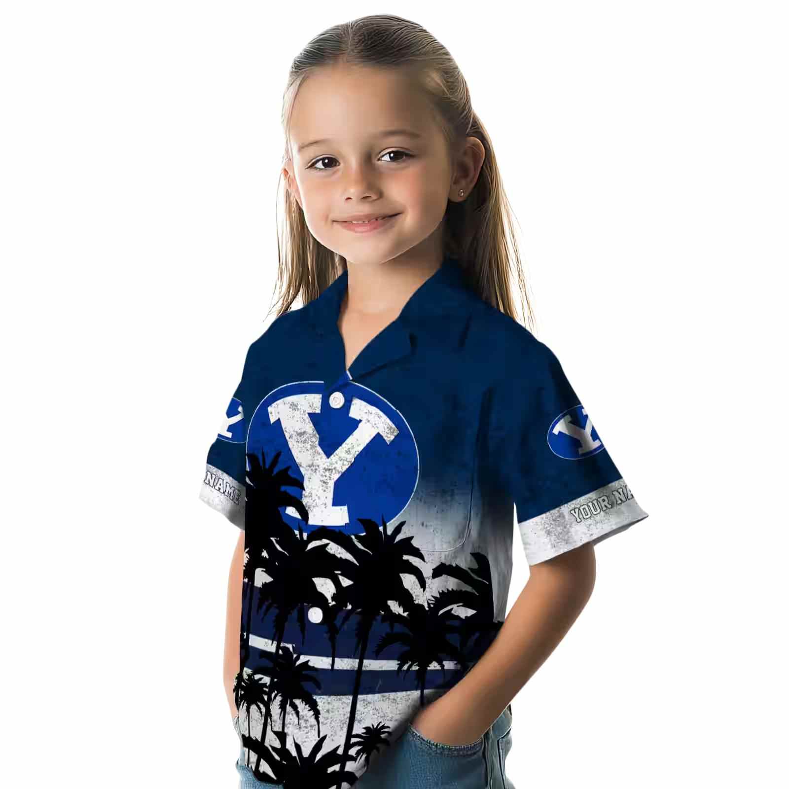 personalized byu cougars sunset pattern blue black hawaiian shirt premium grade