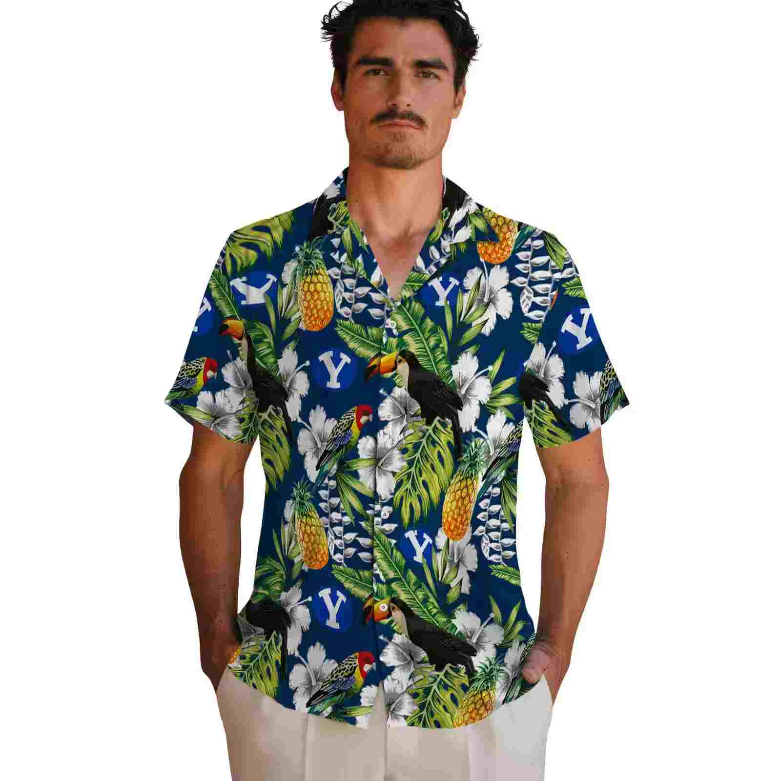 personalized byu cougars tropical toucan blue green hawaiian shirt fashion forward