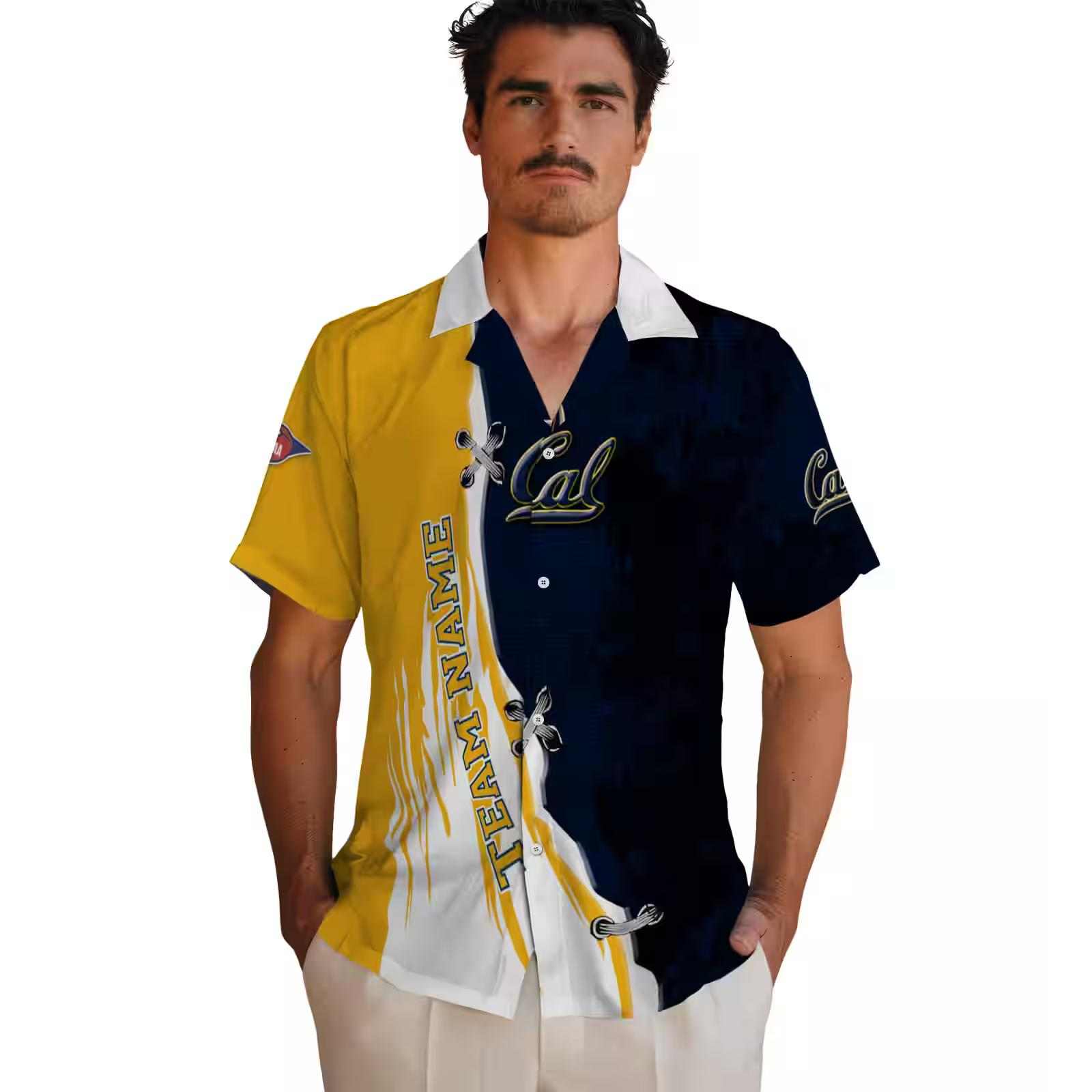 personalized california golden bears edgy streaks blue white hawaiian shirt fashion forward