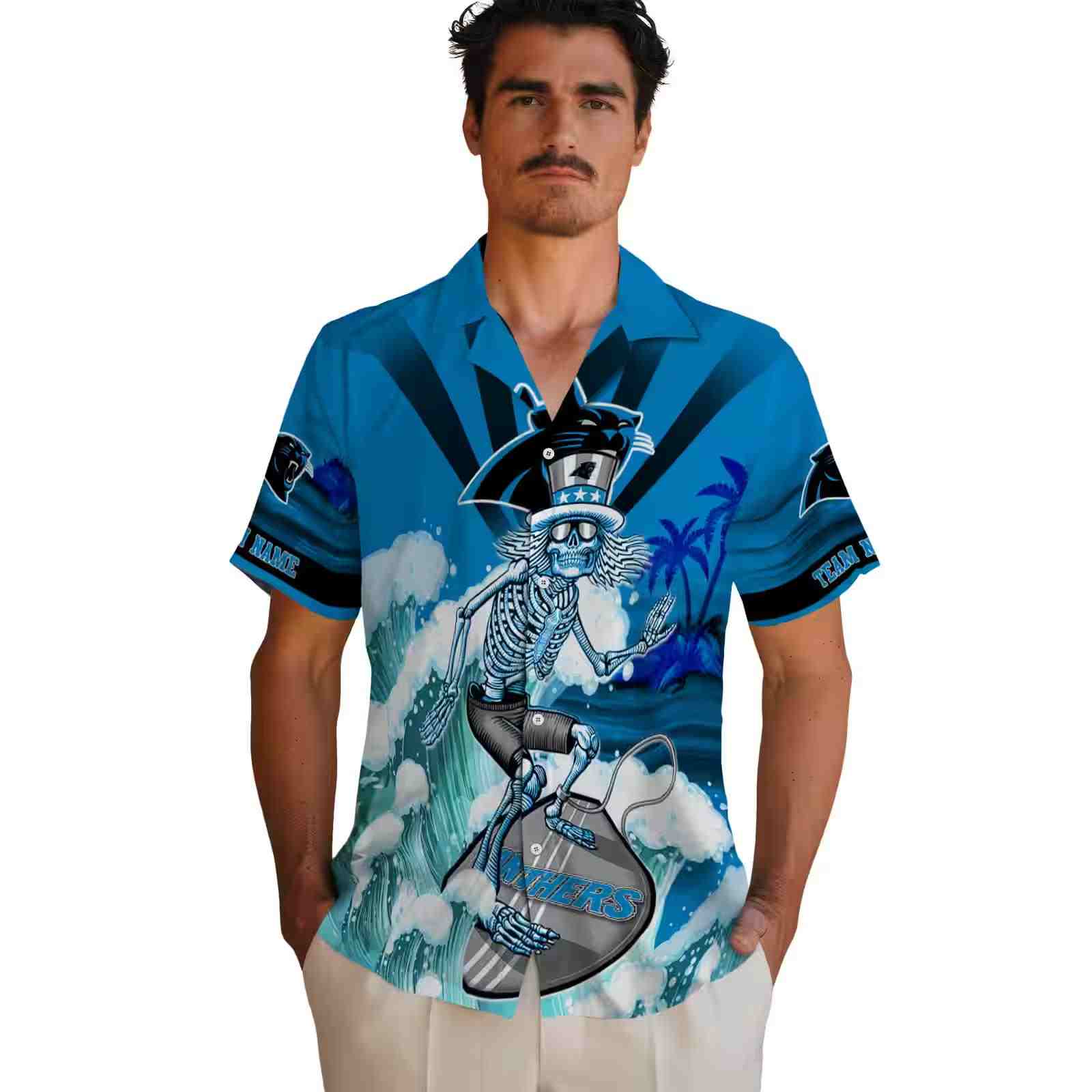 personalized carolina panthers surfing skeleton blue hawaiian shirt fashion forward