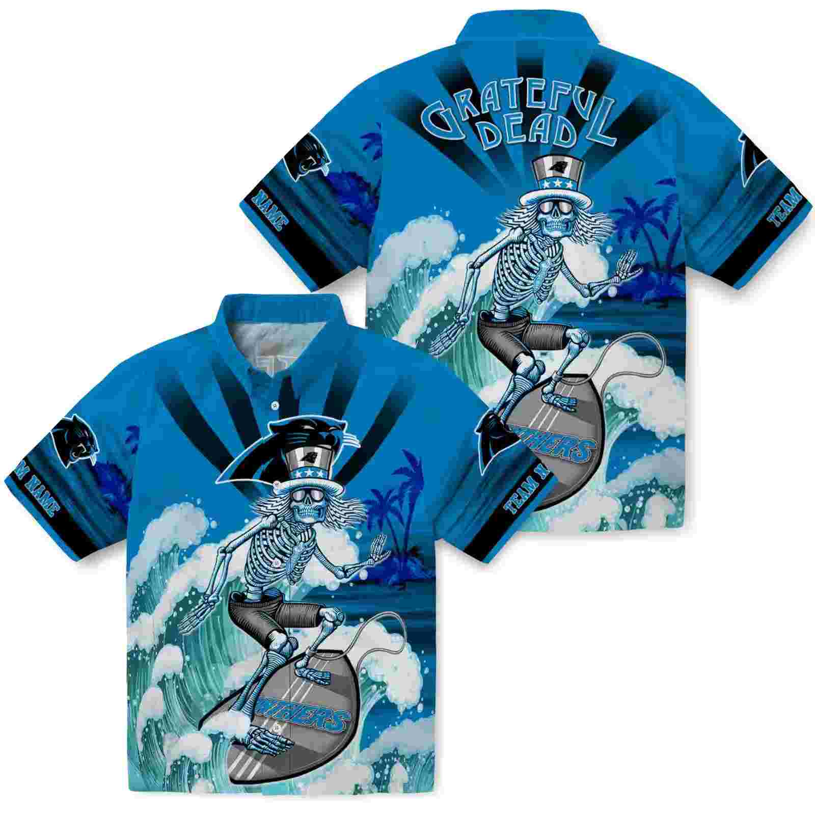 personalized carolina panthers surfing skeleton blue hawaiian shirt high quality