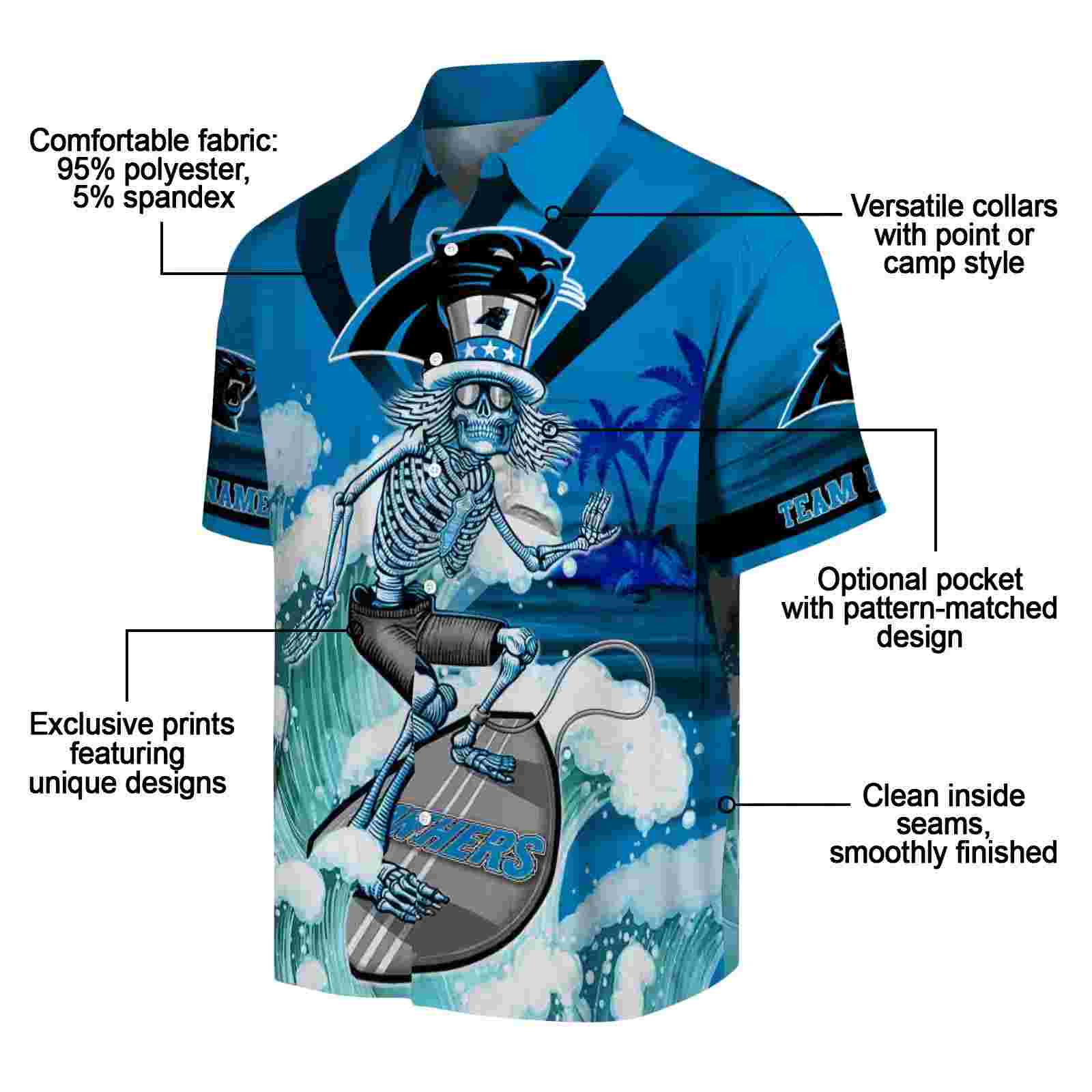 personalized carolina panthers surfing skeleton blue hawaiian shirt new arrival