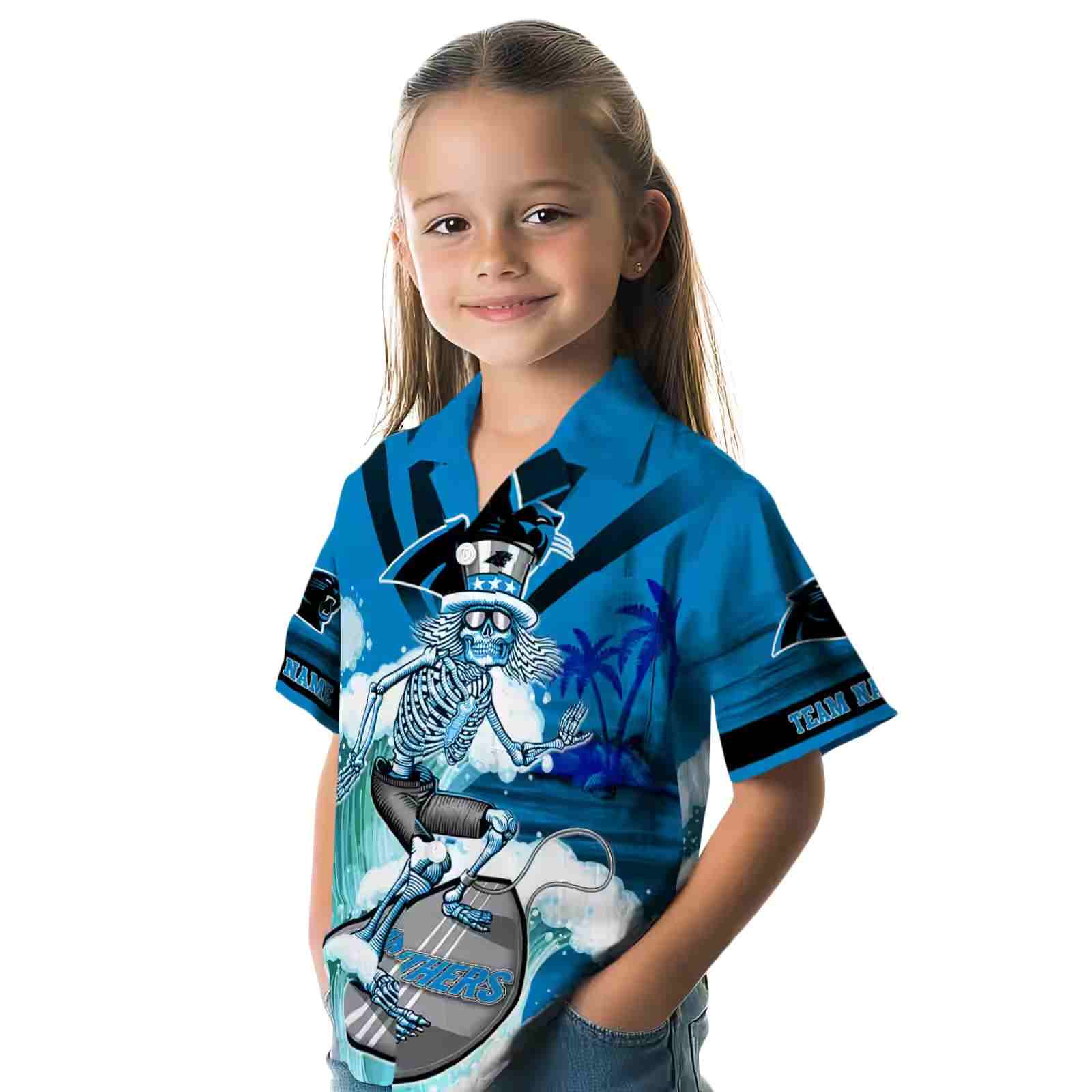 personalized carolina panthers surfing skeleton blue hawaiian shirt premium grade