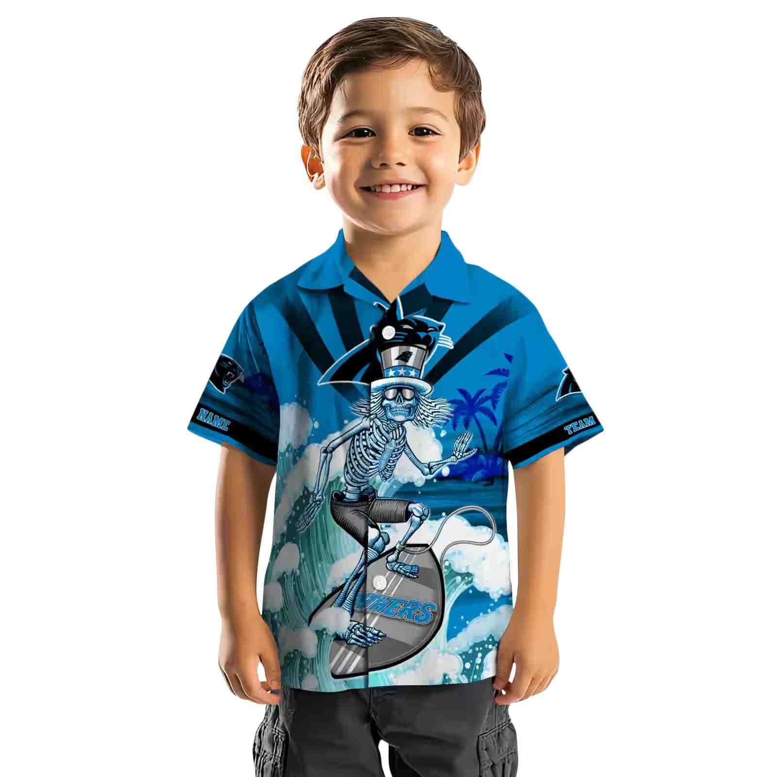 personalized carolina panthers surfing skeleton blue hawaiian shirt top rated