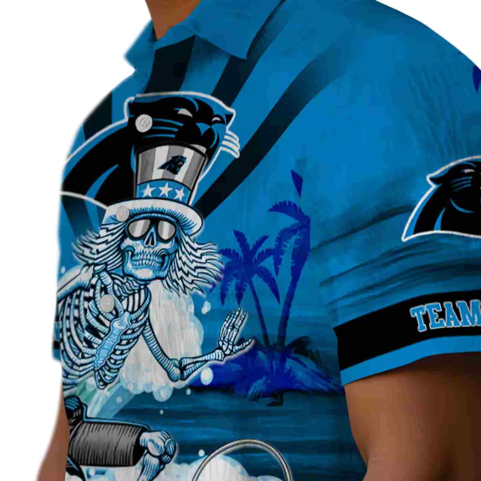 personalized carolina panthers surfing skeleton blue hawaiian shirt trendy