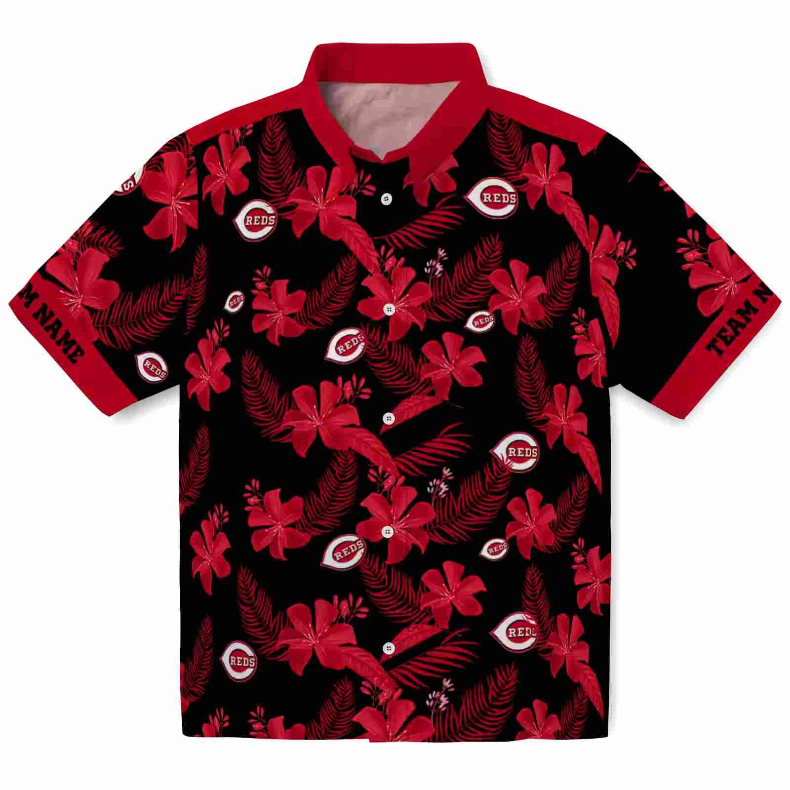 Personalized Cincinnati Reds Botanical Print Black Hawaiian Shirt