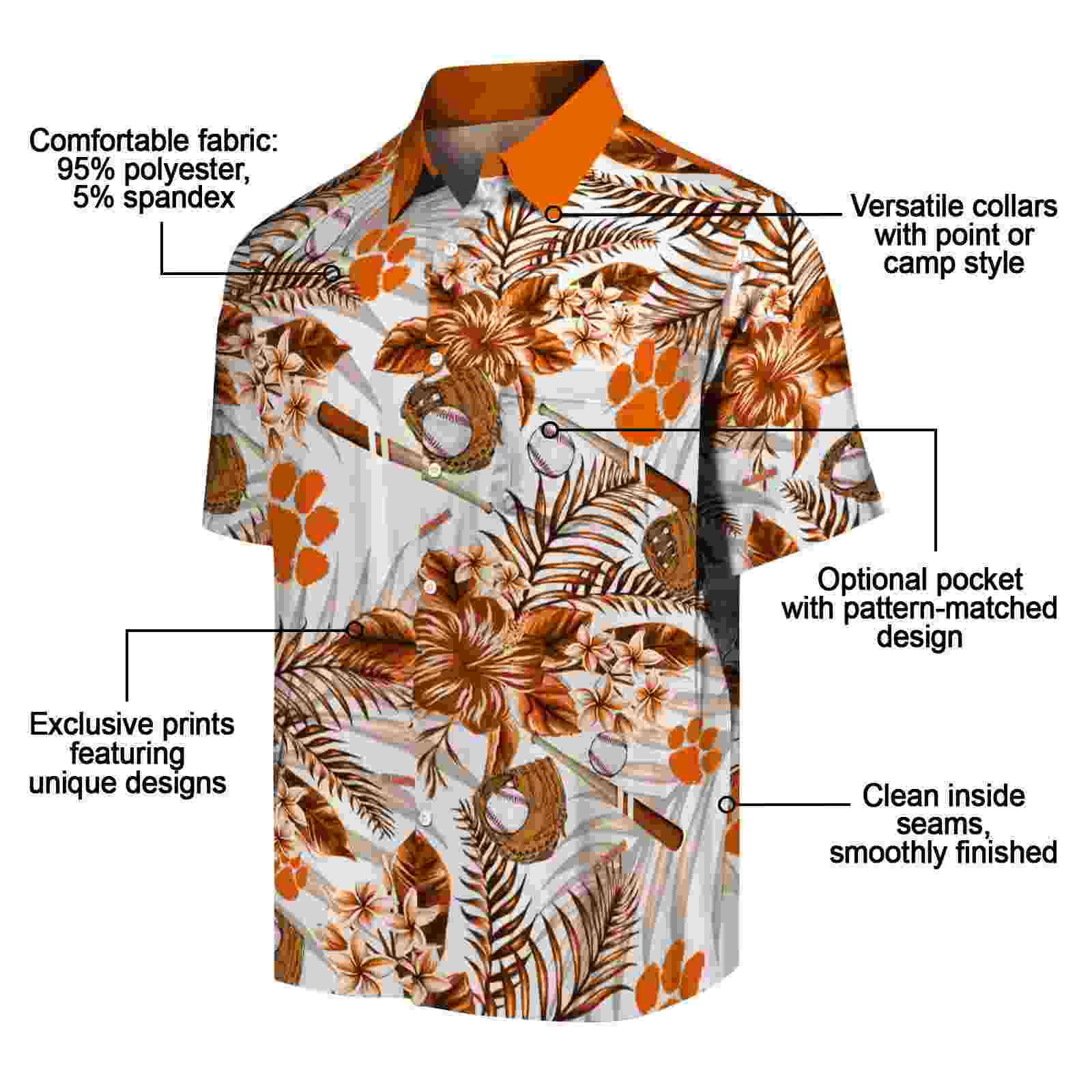 personalized clemson tigers floral baseball orange white hawaiian shirt new arrival